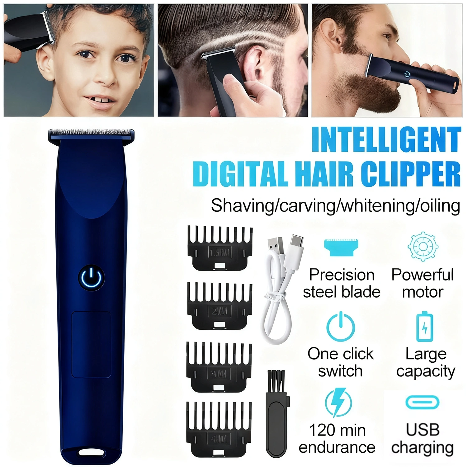 Pro Electric Hair Clippers & Beard Trimmer for Men, Rechargeable Barber Haircut Shaving Machine, Blue view 4