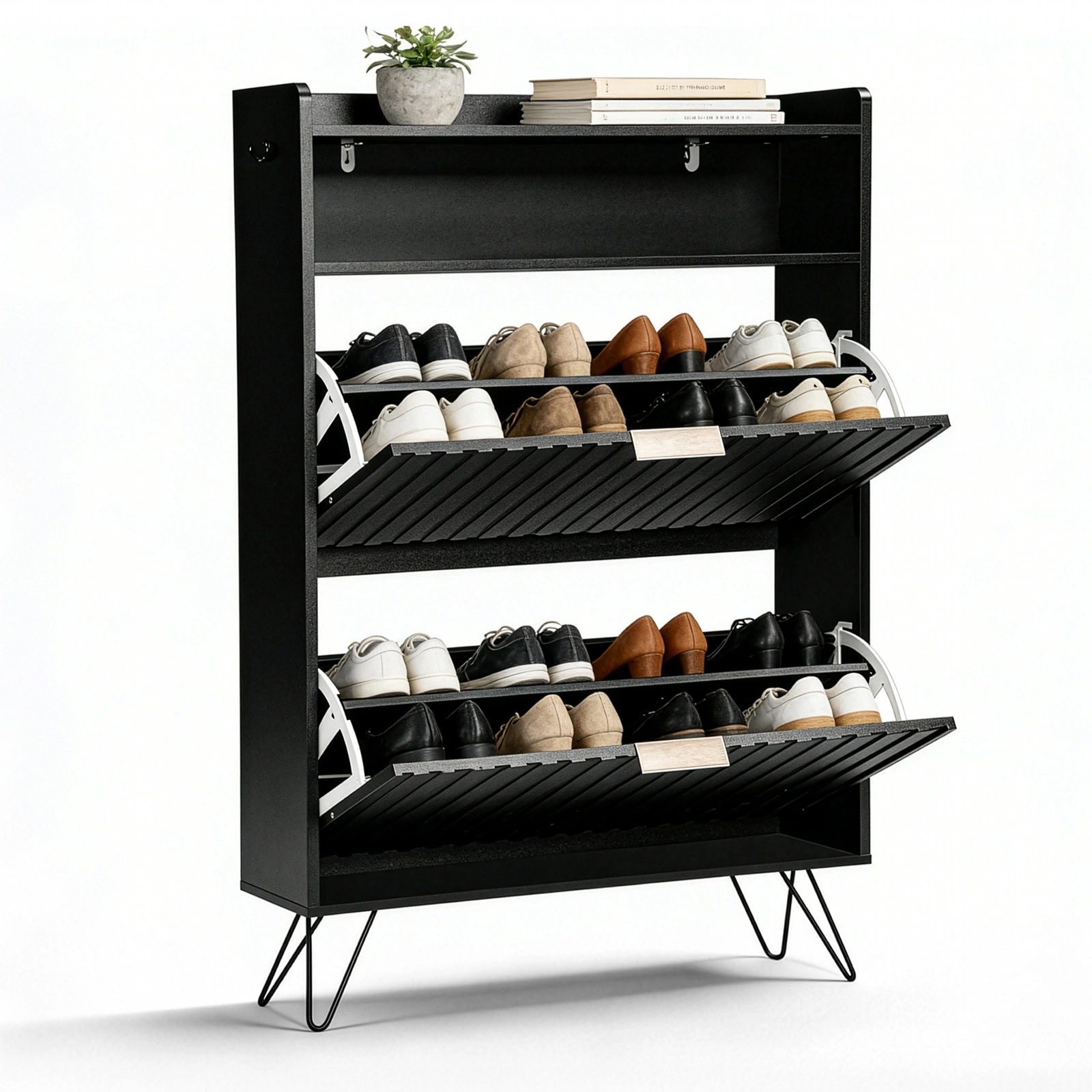 Black Shoe Cabinet 80x24x120cm, 2-Tier Entry Storage with Doors, Hooks, High Legs, Particleboard & MDF