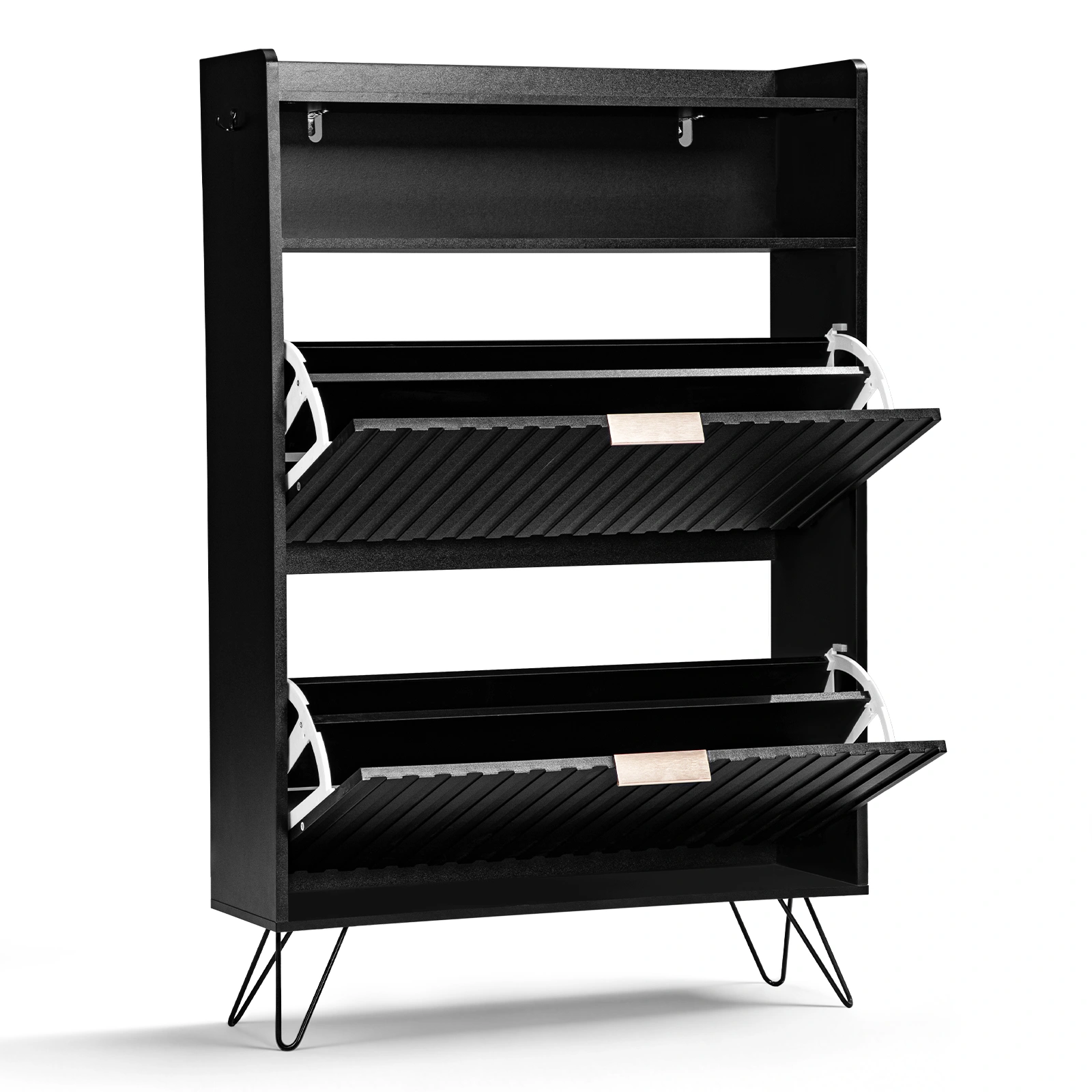 Black Shoe Cabinet 80x24x120cm, 2-Tier Entry Storage with Doors, Hooks, High Legs, Particleboard & MDF view 2