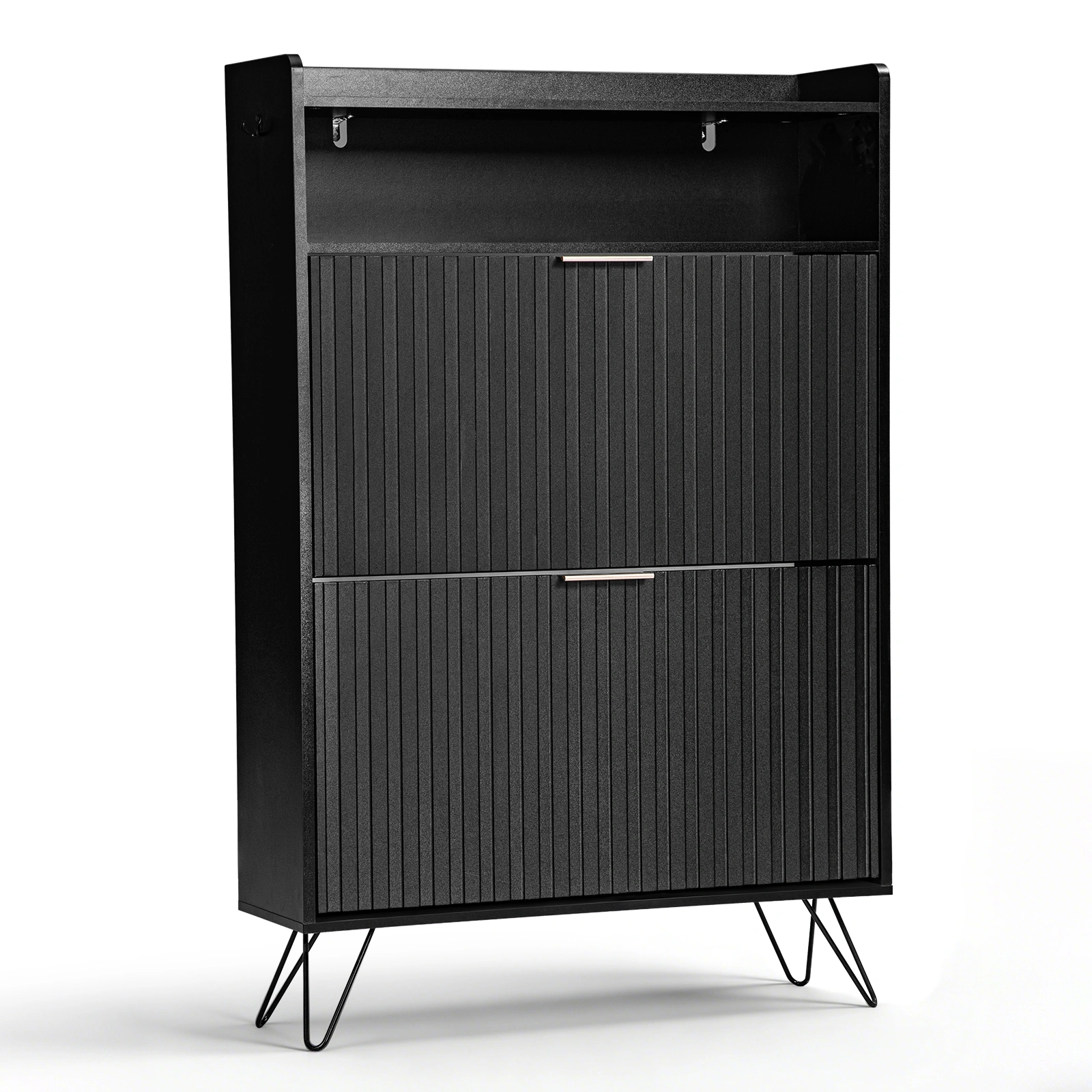 Black Shoe Cabinet 80x24x120cm, 2-Tier Entry Storage with Doors, Hooks, High Legs, Particleboard & MDF view 3