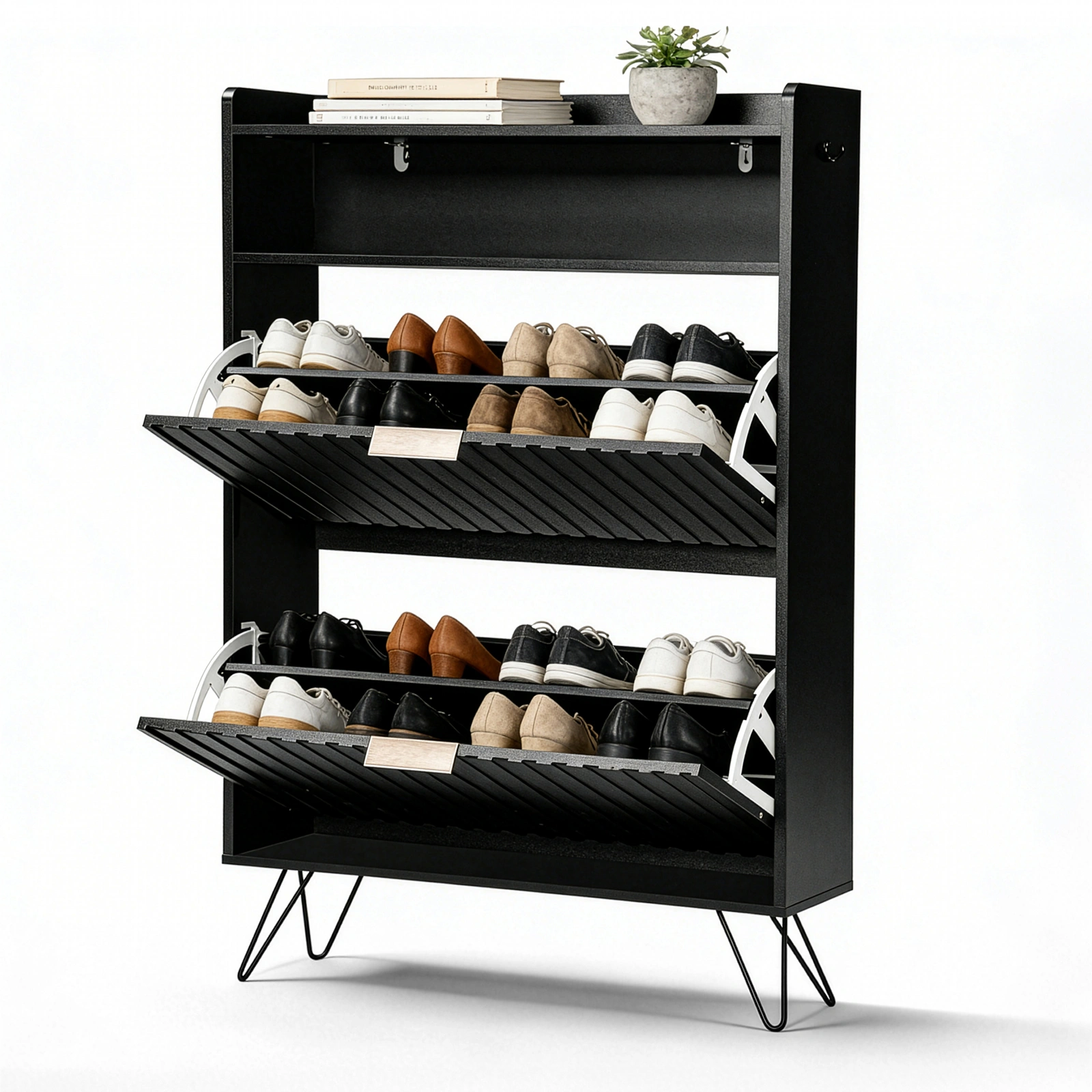 Black Shoe Cabinet 80x24x120cm, 2-Tier Entry Storage with Doors, Hooks, High Legs, Particleboard & MDF view 4