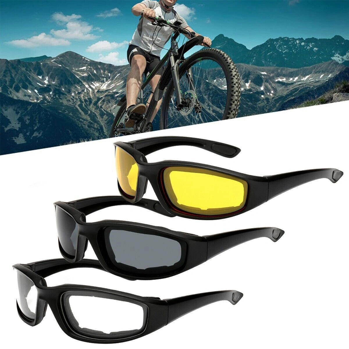 3 Pairs Motorcycle Riding Glasses, Wind Resistant Sport Goggles for Men Women, Gray/Clear/Yellow Lens Cycling Sunglasses