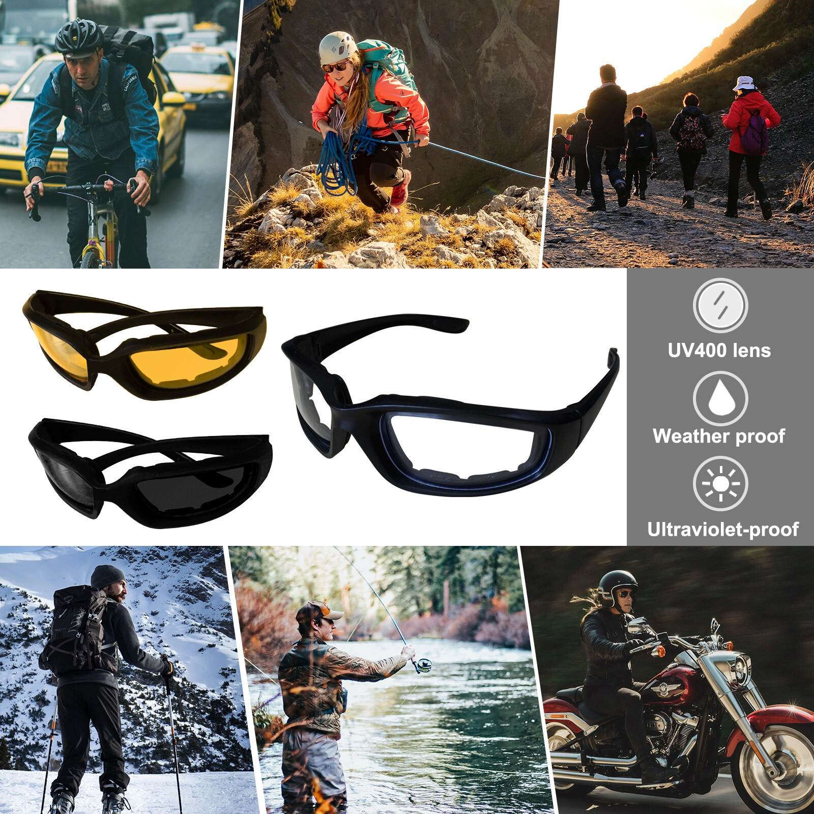 3 Pairs Motorcycle Riding Glasses, Wind Resistant Sport Goggles for Men Women, Gray/Clear/Yellow Lens Cycling Sunglasses view 8