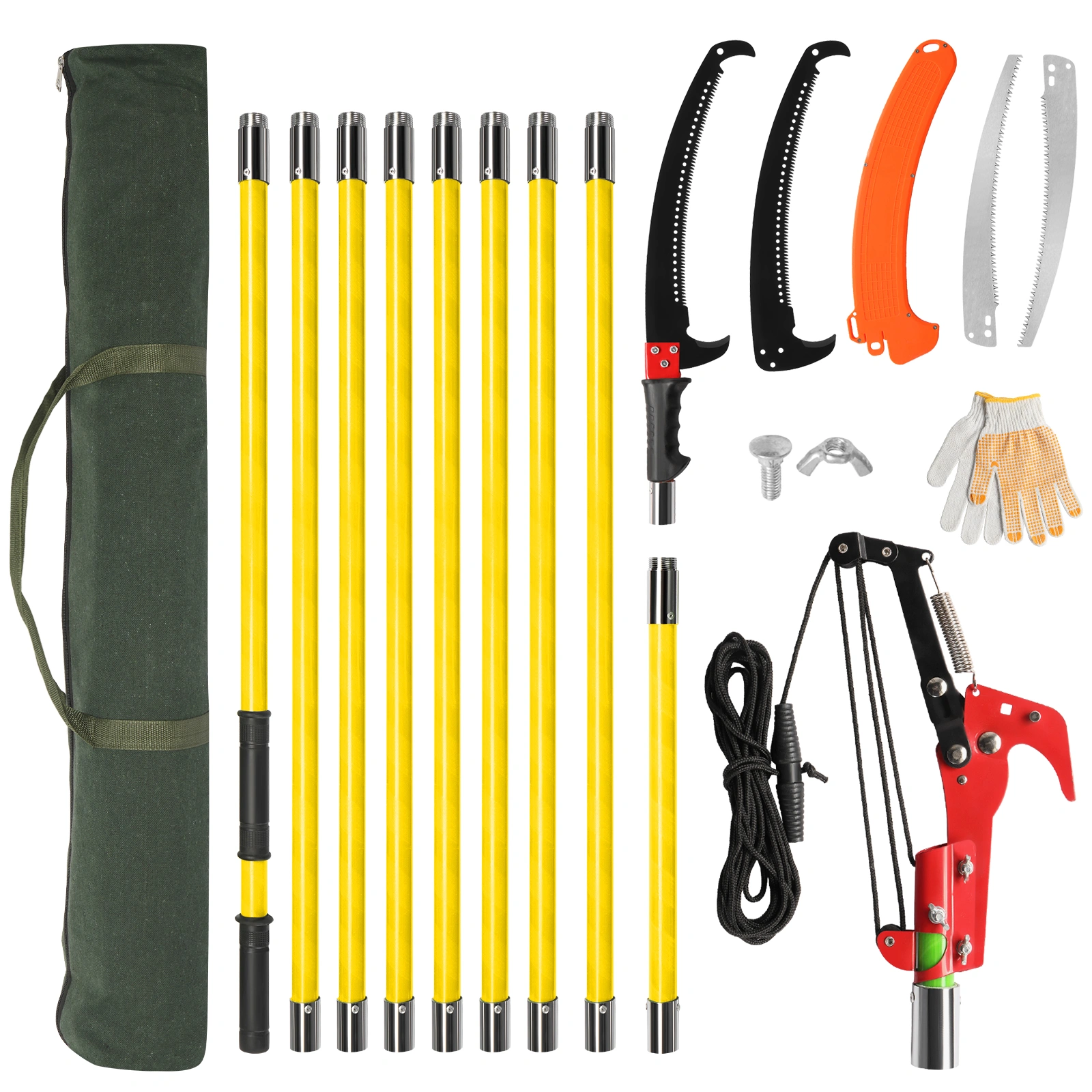 24ft Manual Pole Saw, Lightweight Tree Trimmer with Long Handle, Sharp Steel Blade & Scissors Pruner for Palm, Pear, Fir Trees & Shrubs