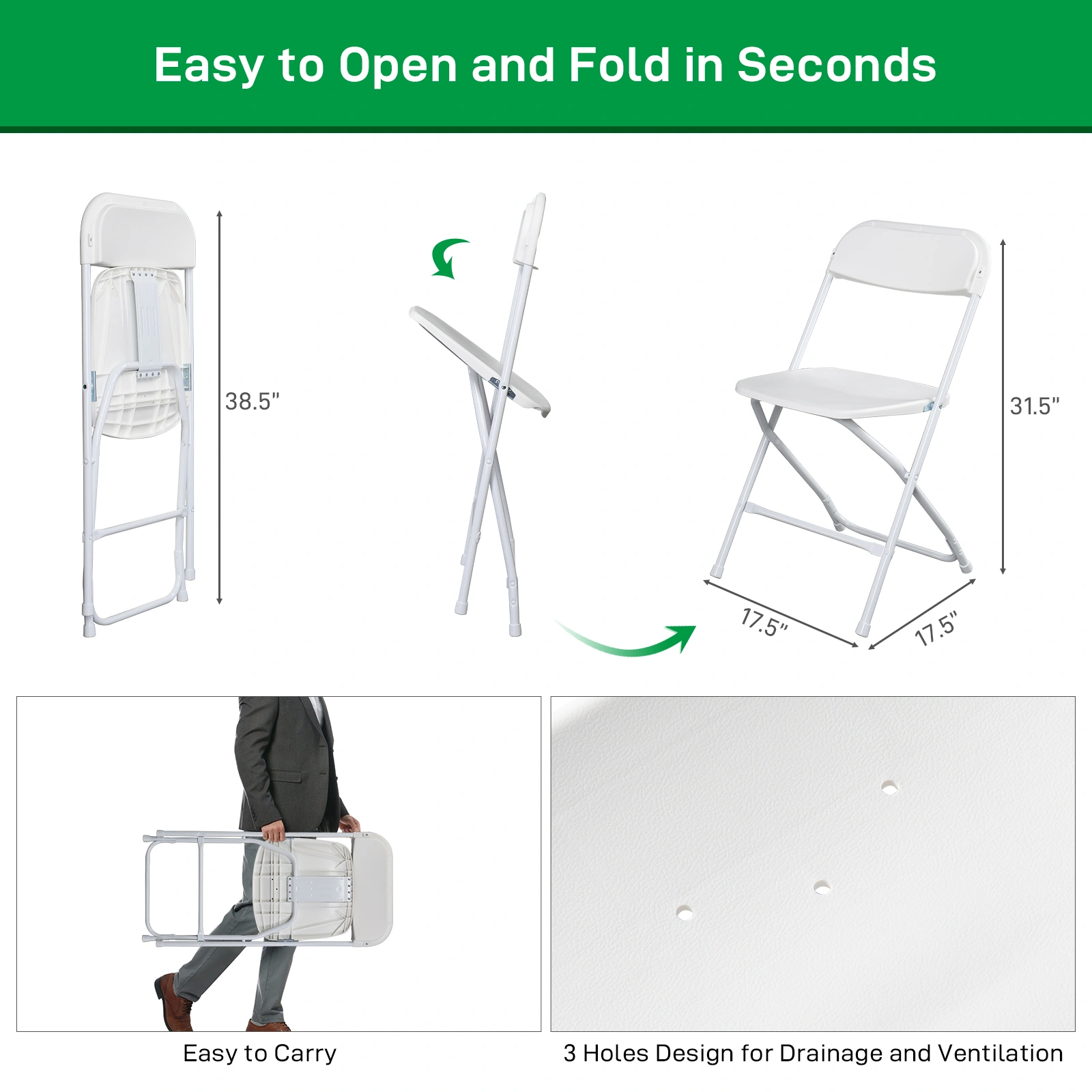 10pcs Classic Plastic Folding Garden Chair, White Injection Molding Patio Chair, Outdoor Event Seating, Stackable Design view 14