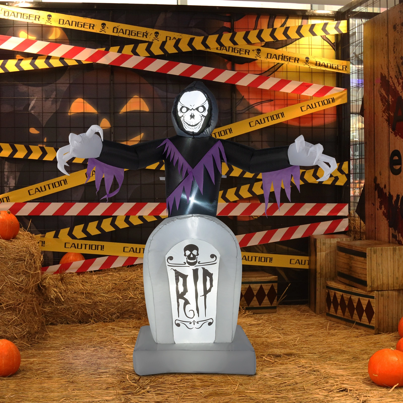 8ft LED Inflatable Halloween Decoration, Grim Reaper & Graveyard Scene with Lights, Outdoor Yard Garden Props, 3 Piece Set view 10