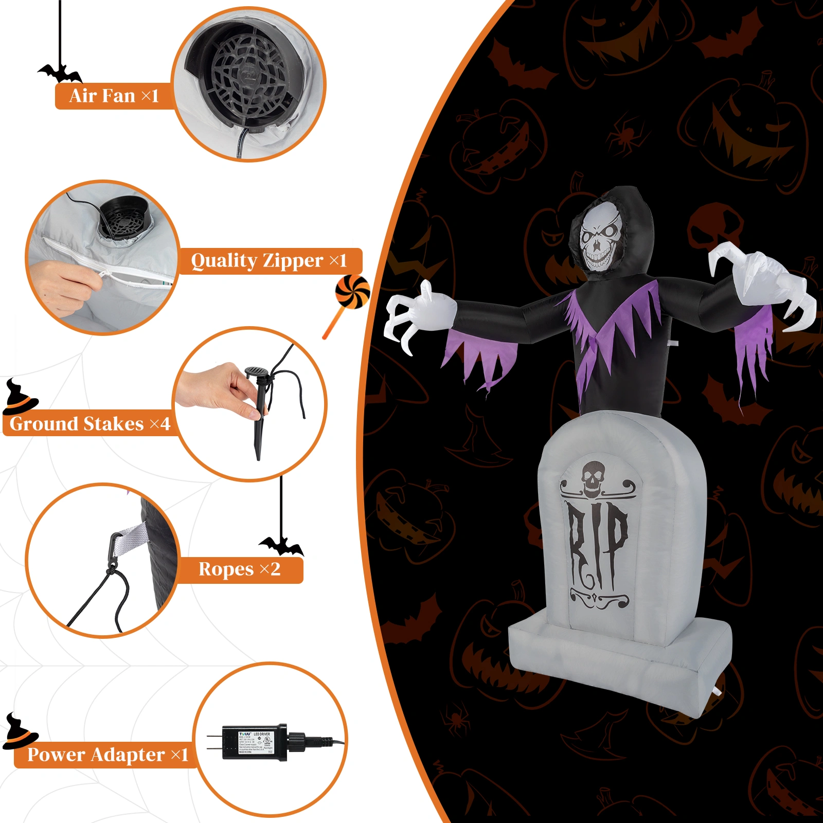 8ft LED Inflatable Halloween Decoration, Grim Reaper & Graveyard Scene with Lights, Outdoor Yard Garden Props, 3 Piece Set view 12