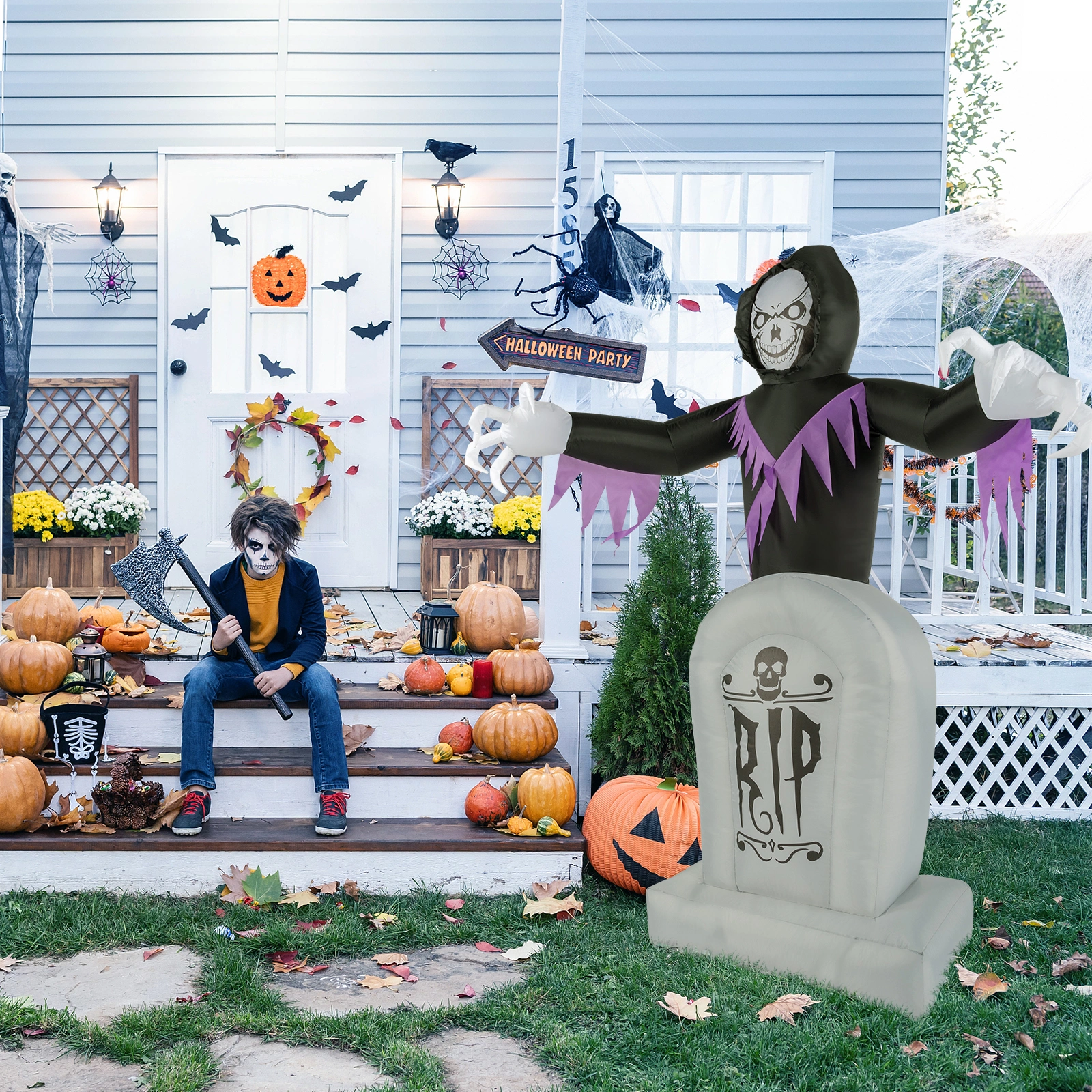 8ft LED Inflatable Halloween Decoration, Grim Reaper & Graveyard Scene with Lights, Outdoor Yard Garden Props, 3 Piece Set view 13