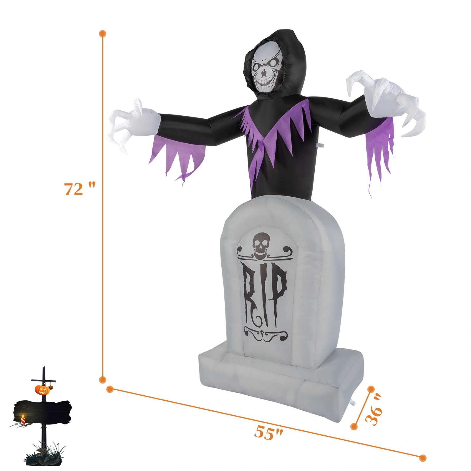 8ft LED Inflatable Halloween Decoration, Grim Reaper & Graveyard Scene with Lights, Outdoor Yard Garden Props, 3 Piece Set view 14