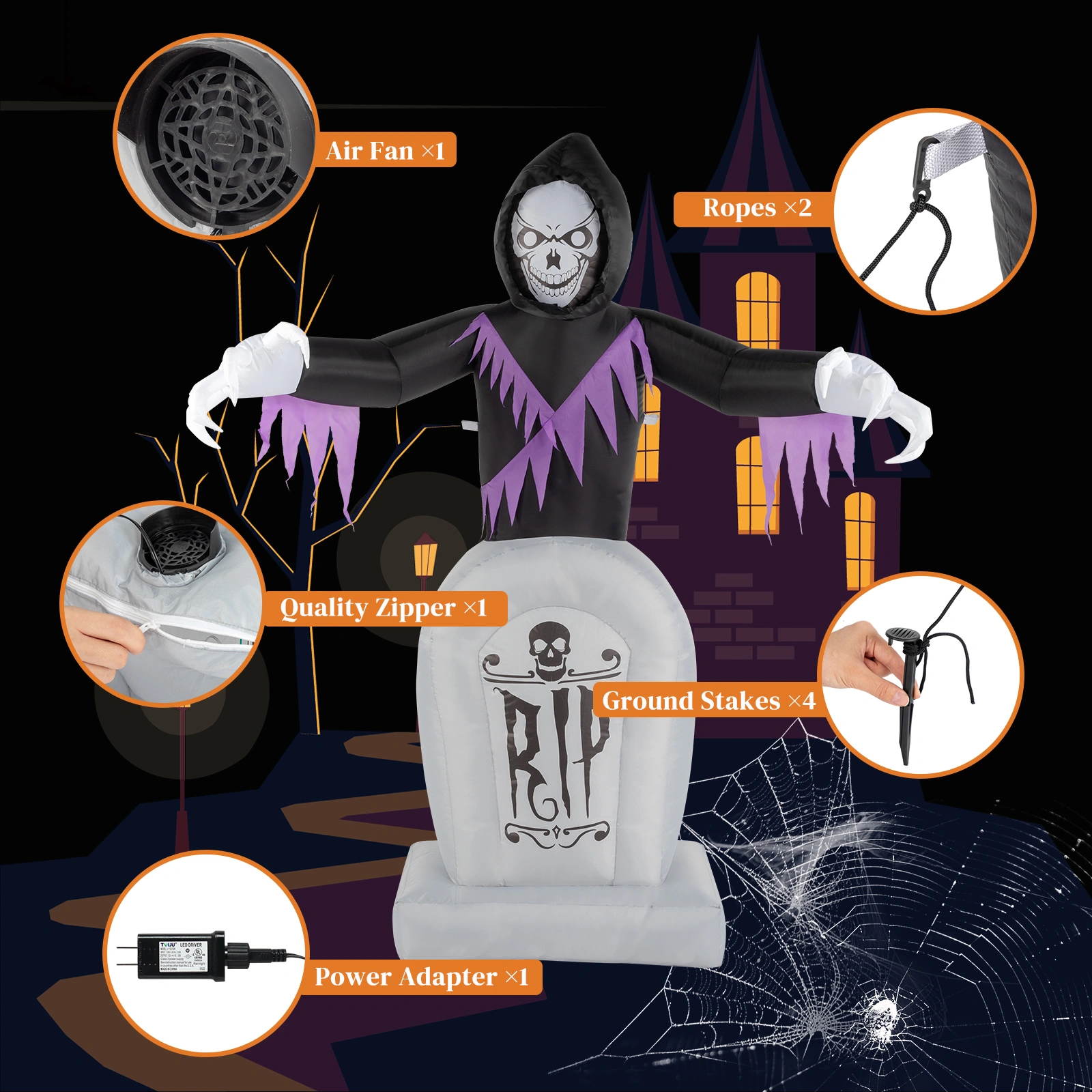8ft LED Inflatable Halloween Decoration, Grim Reaper & Graveyard Scene with Lights, Outdoor Yard Garden Props, 3 Piece Set view 15