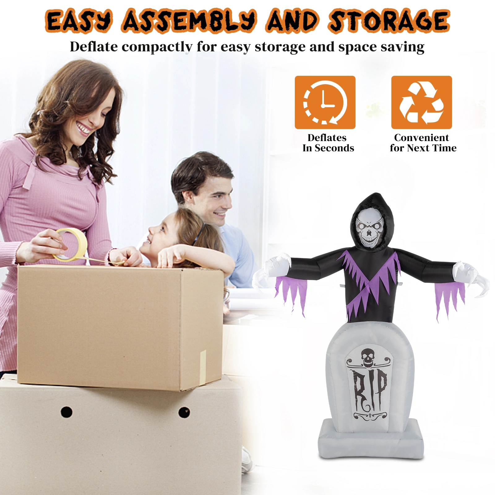 8ft LED Inflatable Halloween Decoration, Grim Reaper & Graveyard Scene with Lights, Outdoor Yard Garden Props, 3 Piece Set view 2