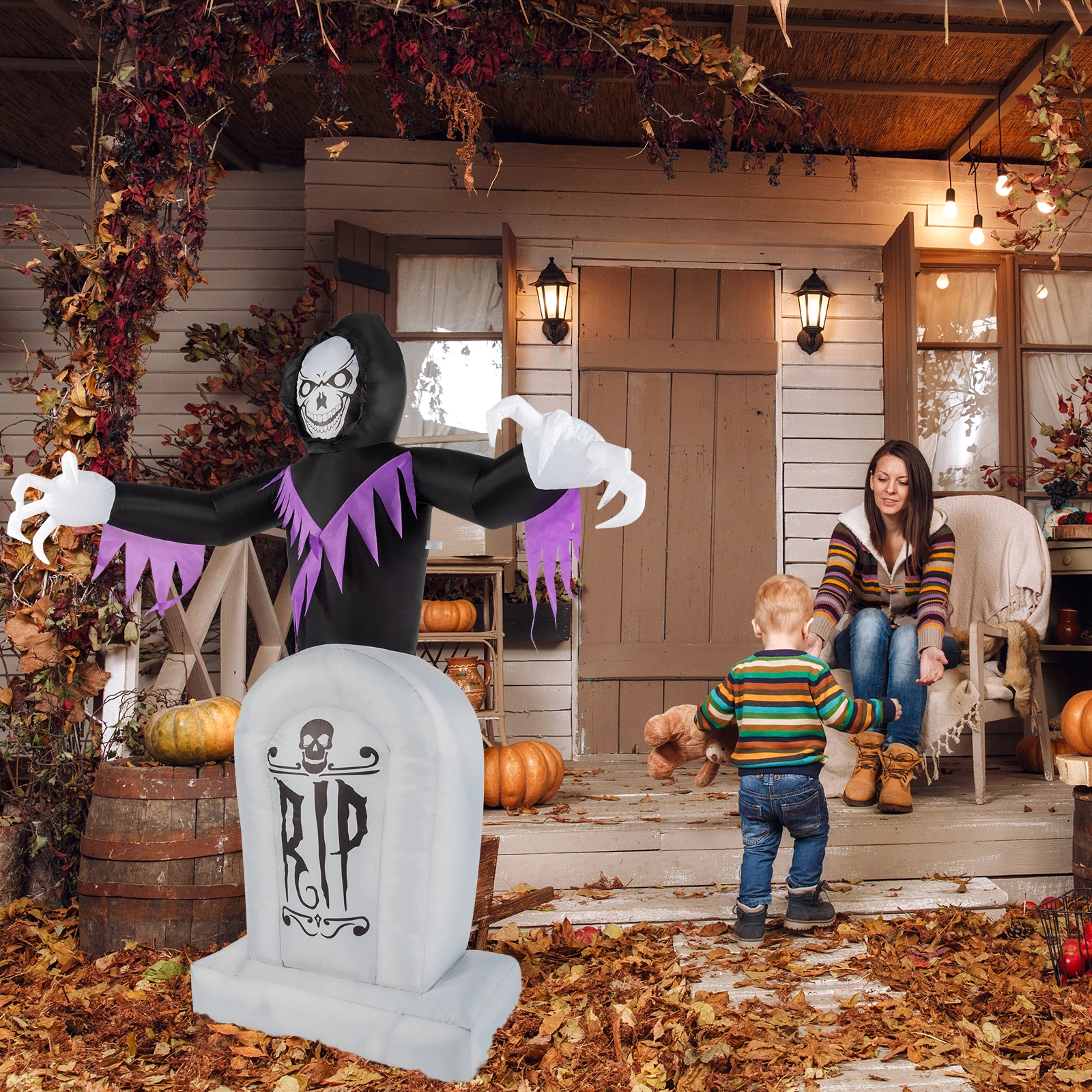 8ft LED Inflatable Halloween Decoration, Grim Reaper & Graveyard Scene with Lights, Outdoor Yard Garden Props, 3 Piece Set view 4