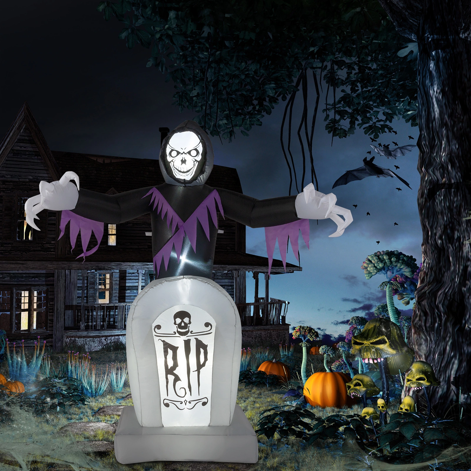 8ft LED Inflatable Halloween Decoration, Grim Reaper & Graveyard Scene with Lights, Outdoor Yard Garden Props, 3 Piece Set view 5