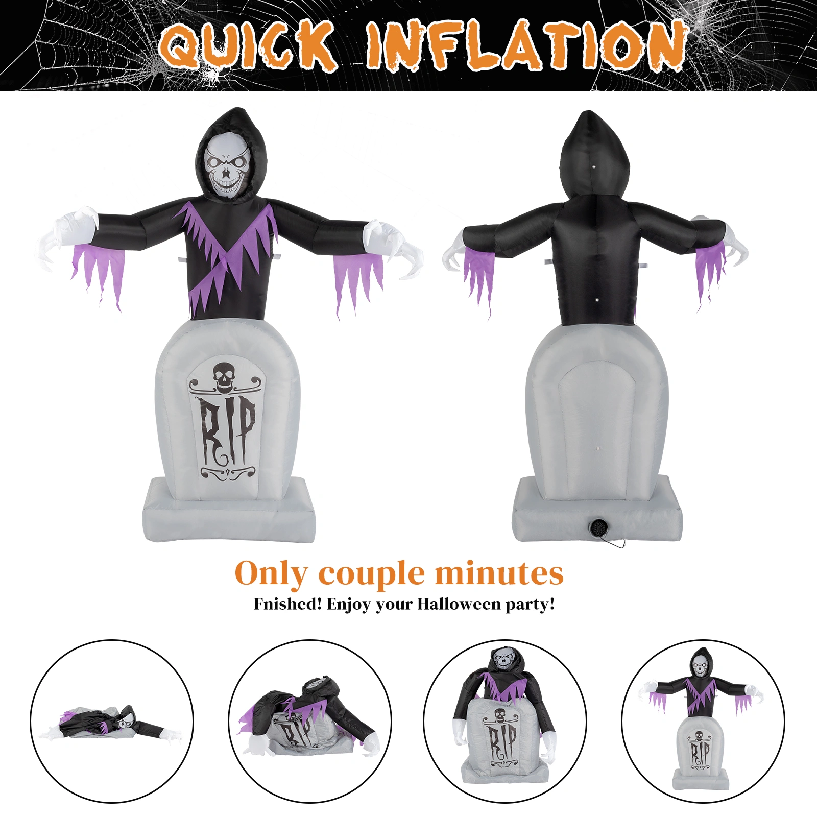 8ft LED Inflatable Halloween Decoration, Grim Reaper & Graveyard Scene with Lights, Outdoor Yard Garden Props, 3 Piece Set view 6