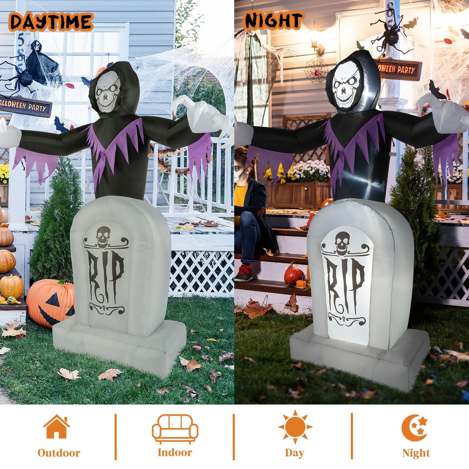 8ft LED Inflatable Halloween Decoration, Grim Reaper & Graveyard Scene with Lights, Outdoor Yard Garden Props, 3 Piece Set view 8