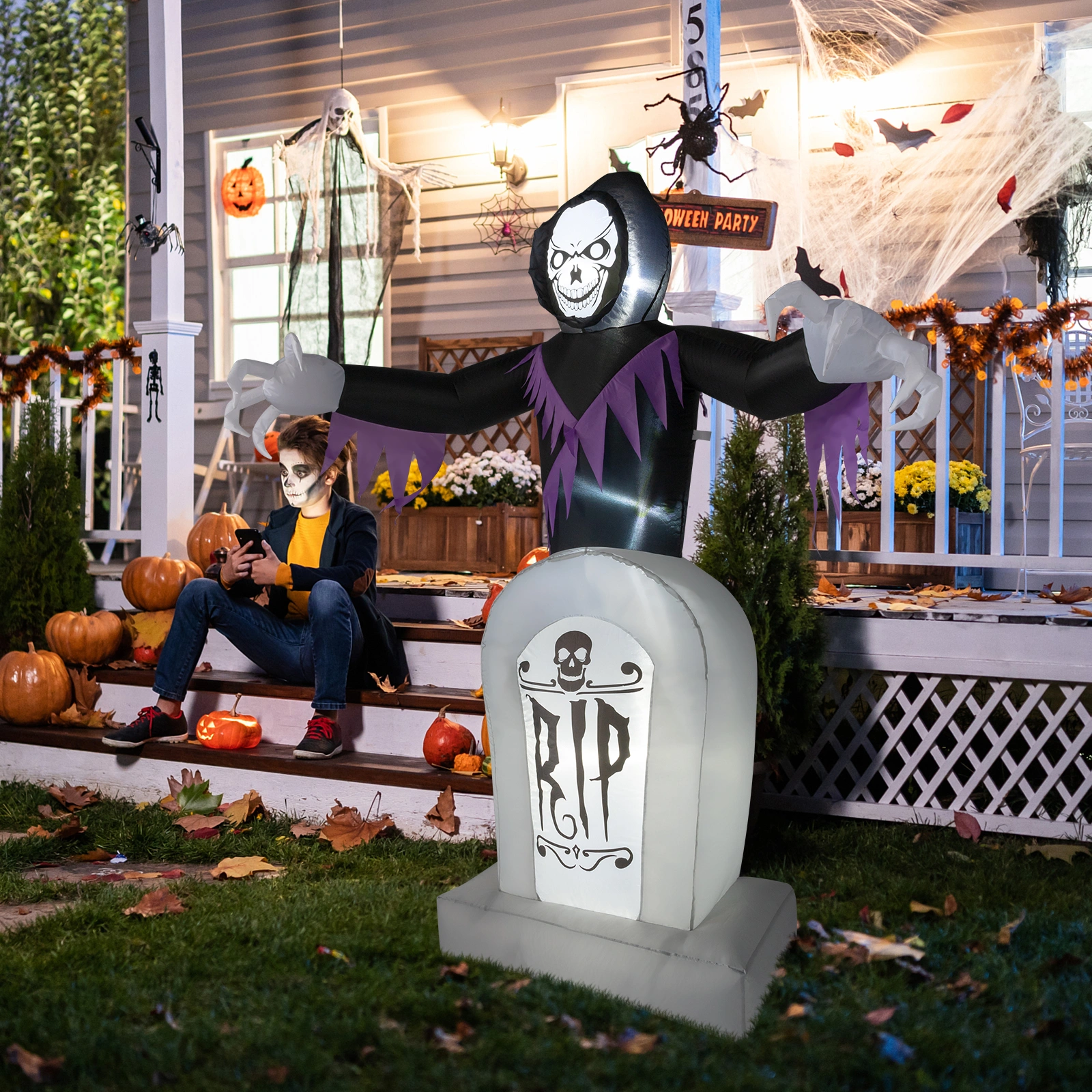 8ft LED Inflatable Halloween Decoration, Grim Reaper & Graveyard Scene with Lights, Outdoor Yard Garden Props, 3 Piece Set view 9