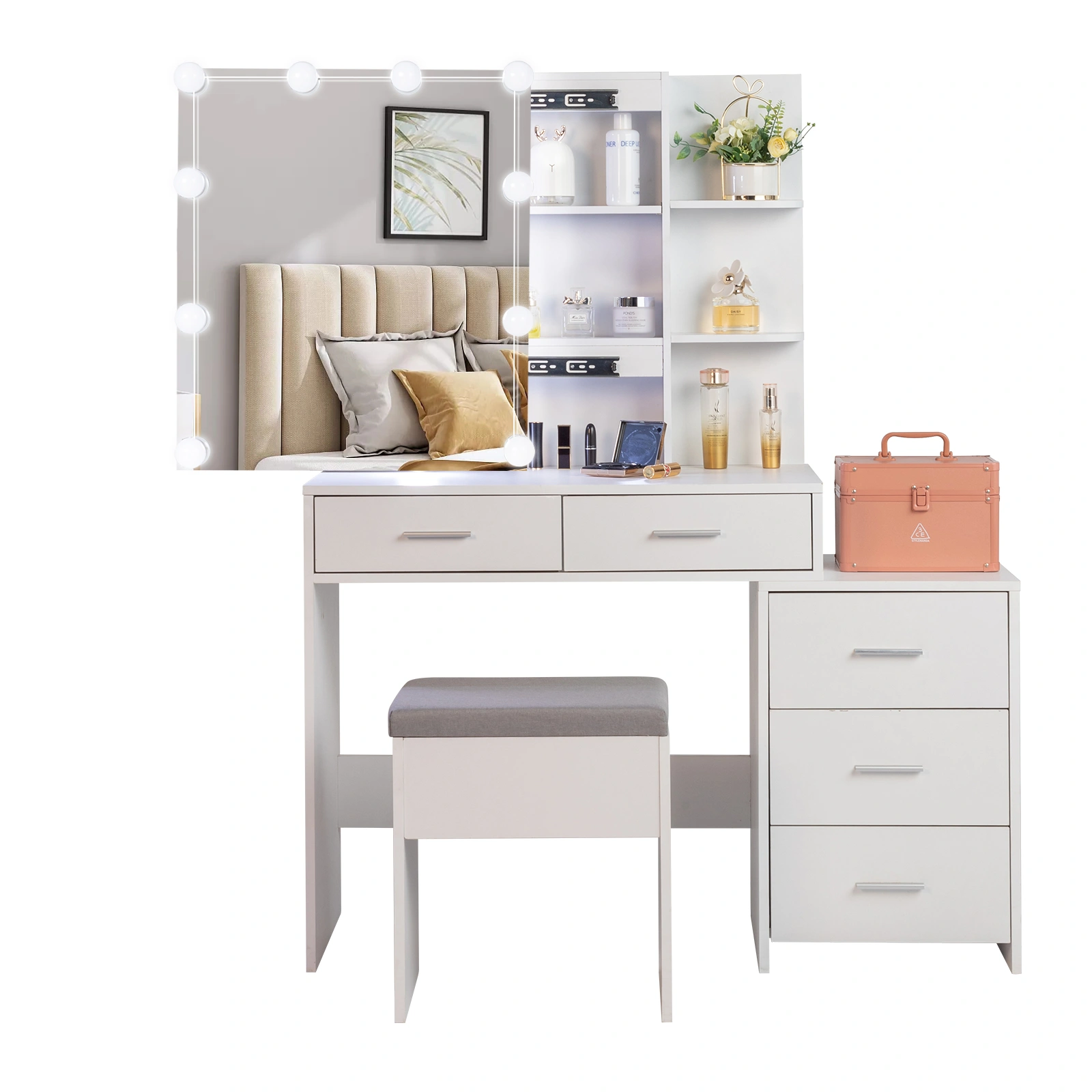 Particleboard Triamine Veneer 5 Pumps 2 Shelves Mirror Cabinet Three Dimming Light Bulb Dressing Table Set White