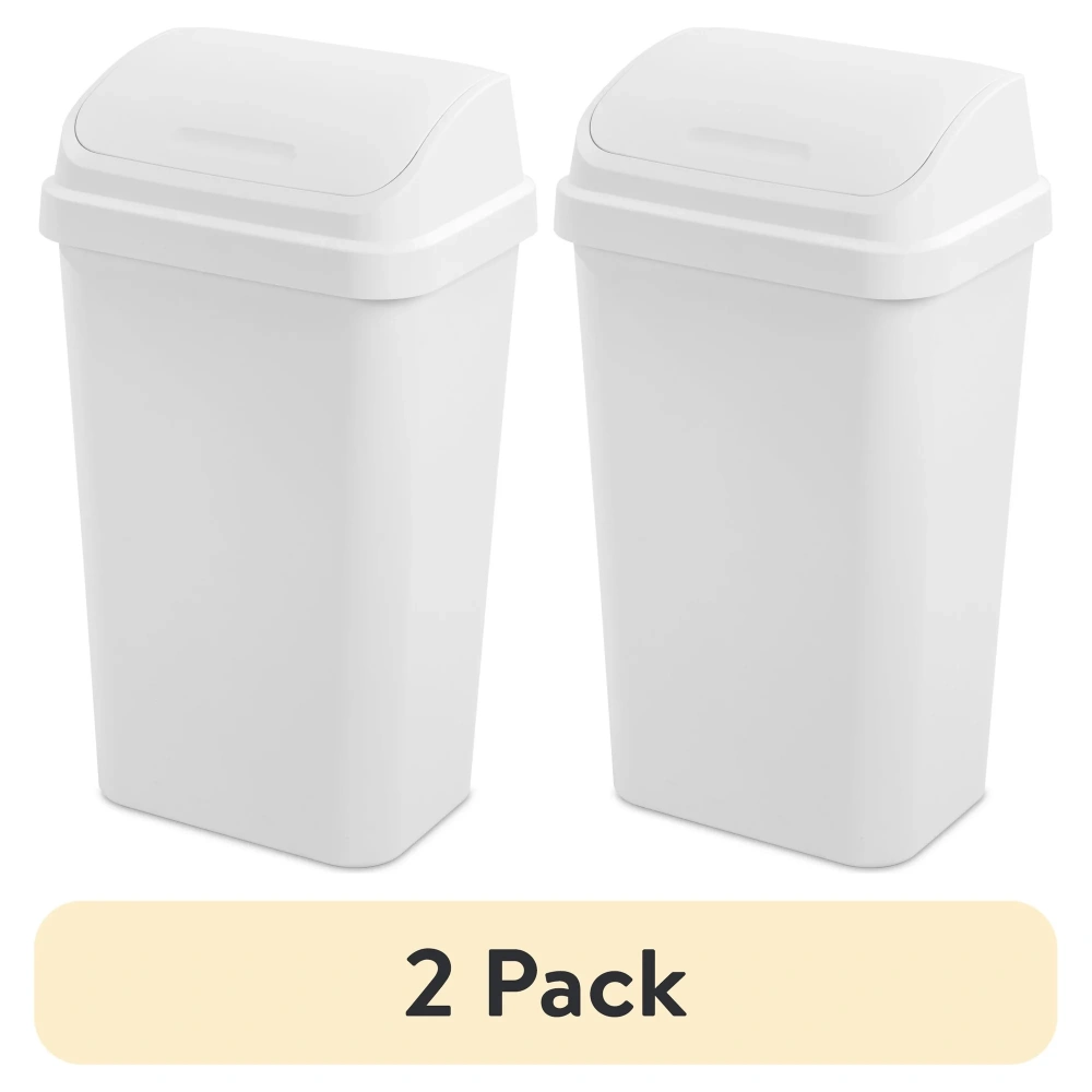 2-Pack 13 Gallon Kitchen Trash Can, Plastic Garbage Bin with Swing Top Lid, White