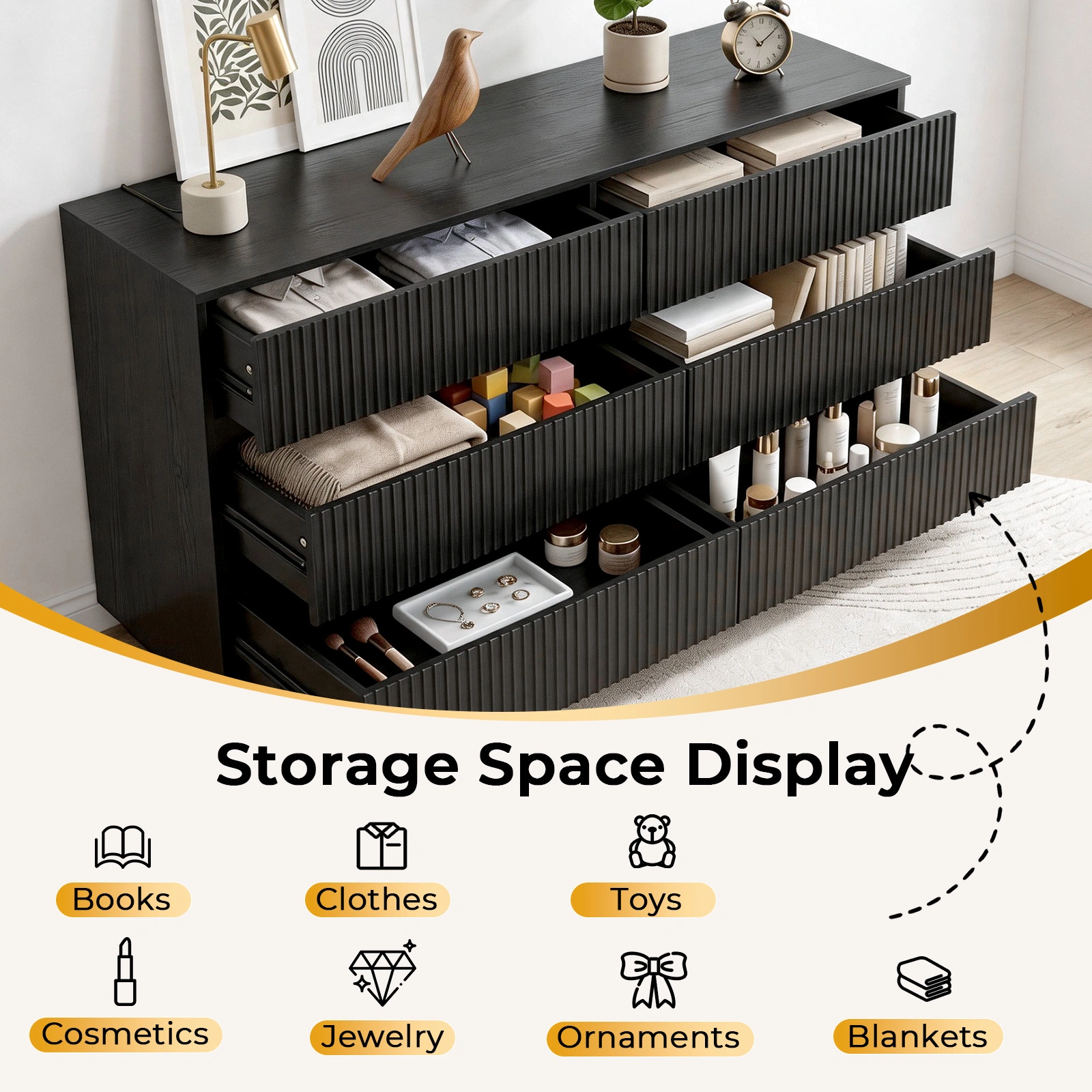Handleless 6-Drawer Dresser with Grille Finish P2 Particleboard + MDF & Melamine Veneer + Vacuum-Formed Bedside Table 55.12*15.75*27.95in Black view 11