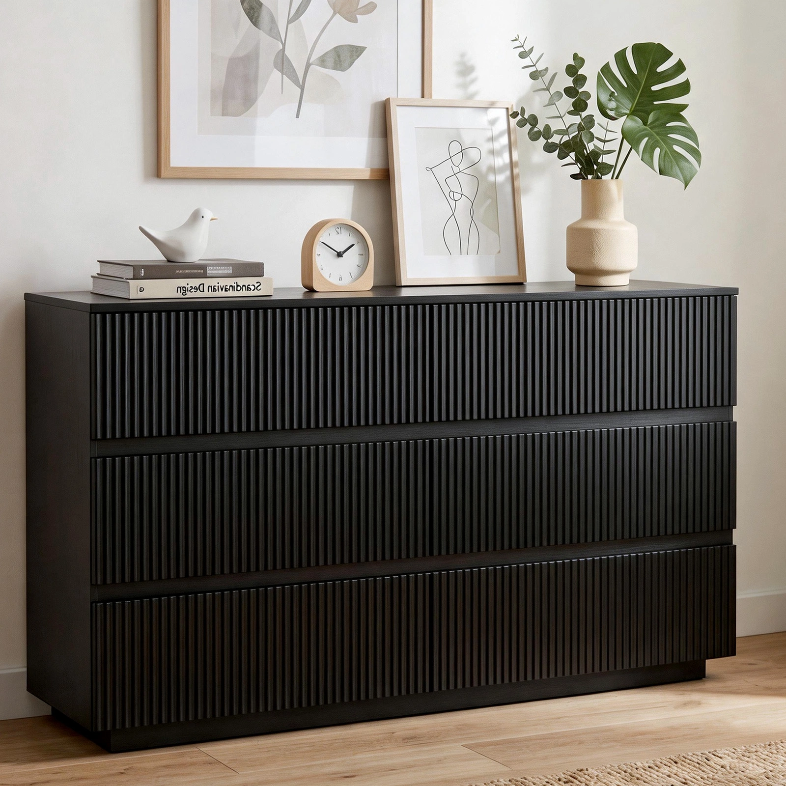 Handleless 6-Drawer Dresser with Grille Finish P2 Particleboard + MDF & Melamine Veneer + Vacuum-Formed Bedside Table 55.12*15.75*27.95in Black view 15