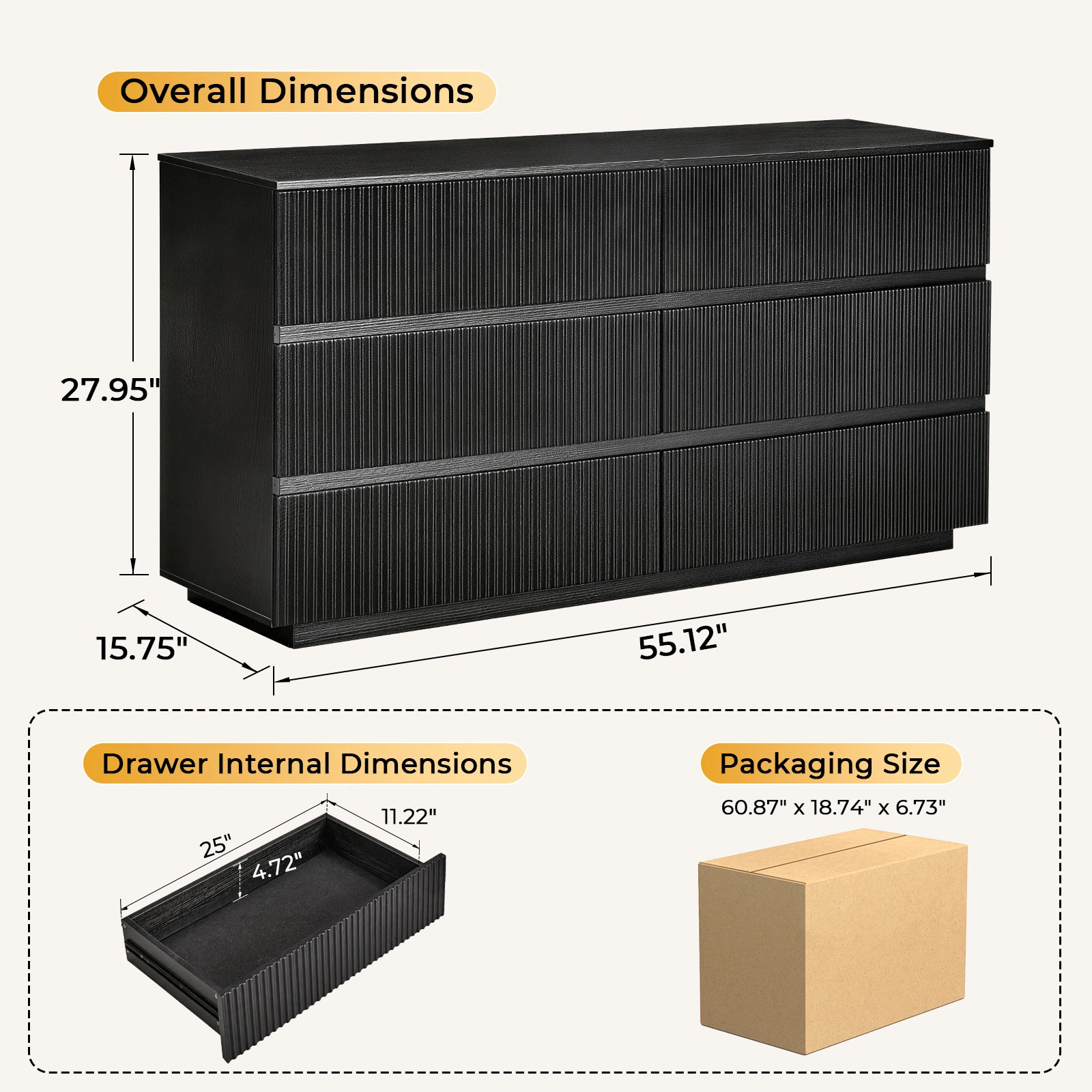 Handleless 6-Drawer Dresser with Grille Finish P2 Particleboard + MDF & Melamine Veneer + Vacuum-Formed Bedside Table 55.12*15.75*27.95in Black view 5
