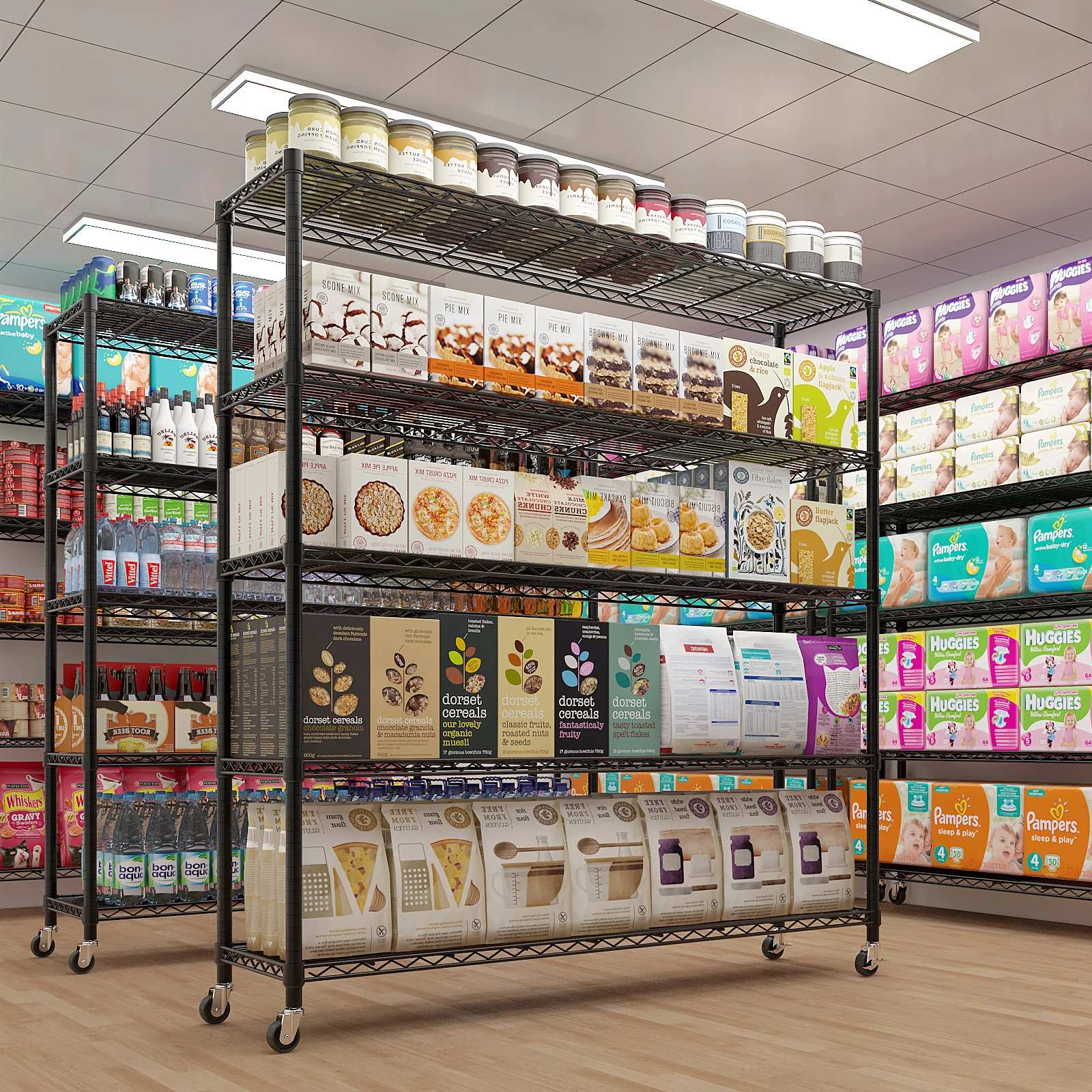 Heavy Duty Wire Shelving Unit 74.02"H X 59.06"W X 17.72"D, 3125LBS NSF Metal Storage Shelves with Wheels, Adjustable Garage Pantry Commercial Rack view 14