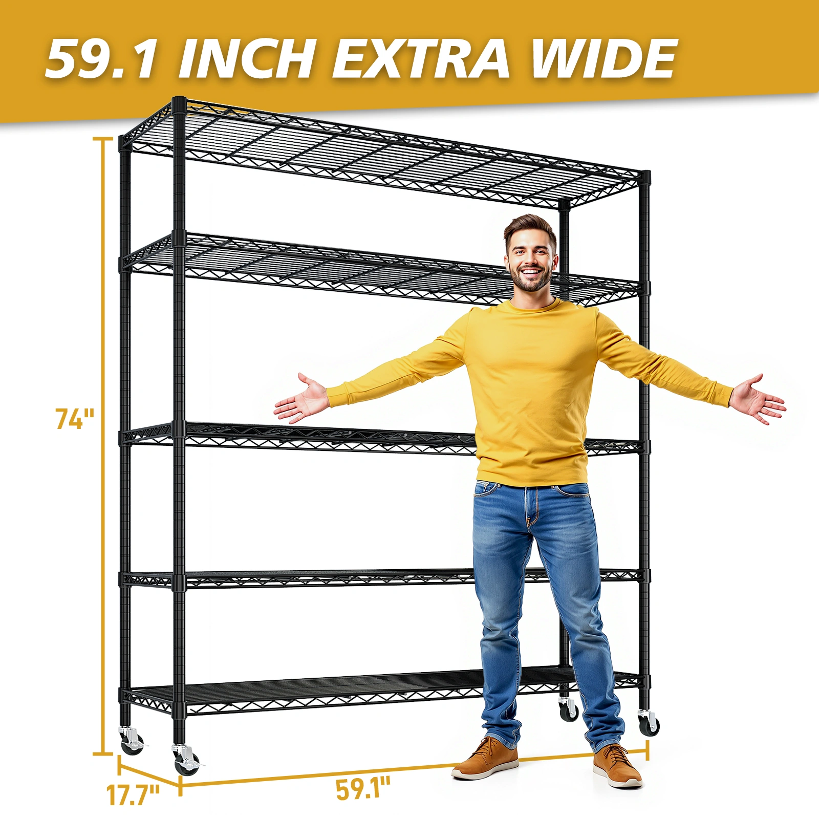 Heavy Duty Wire Shelving Unit 74.02"H X 59.06"W X 17.72"D, 3125LBS NSF Metal Storage Shelves with Wheels, Adjustable Garage Pantry Commercial Rack view 8