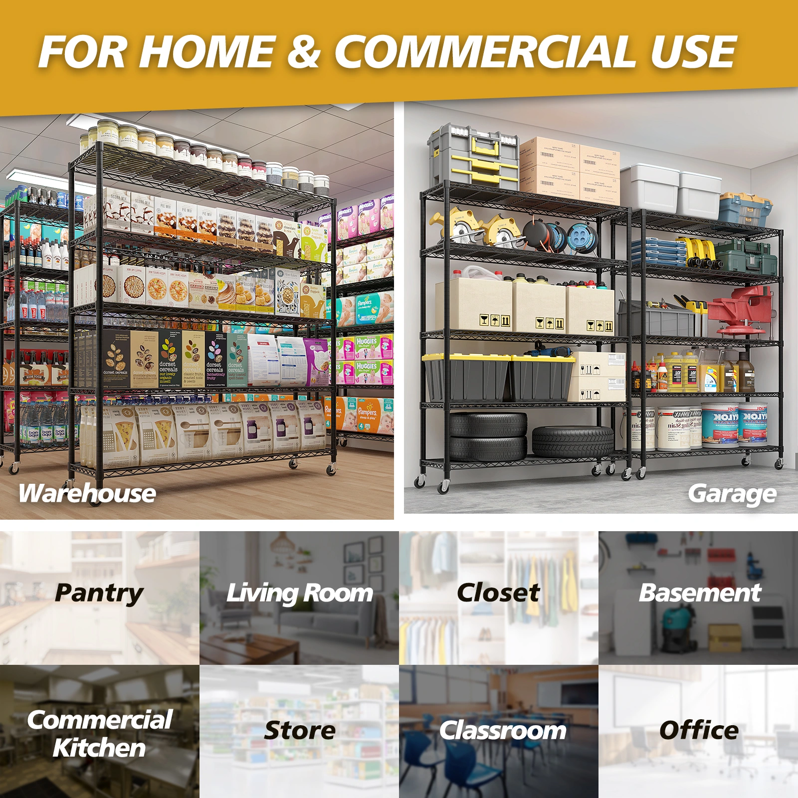 Heavy Duty Wire Shelving Unit 74.02"H X 59.06"W X 17.72"D, 3125LBS NSF Metal Storage Shelves with Wheels, Adjustable Garage Pantry Commercial Rack view 9
