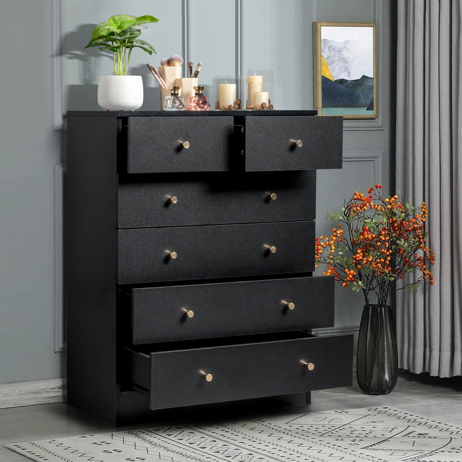 5-Tier 6-Drawer Dresser with Matte Gold Handles, Black Particleboard Storage Cabinet with Textured Melamine Finish, 25.98" L x 12.99" W x 35.04" H