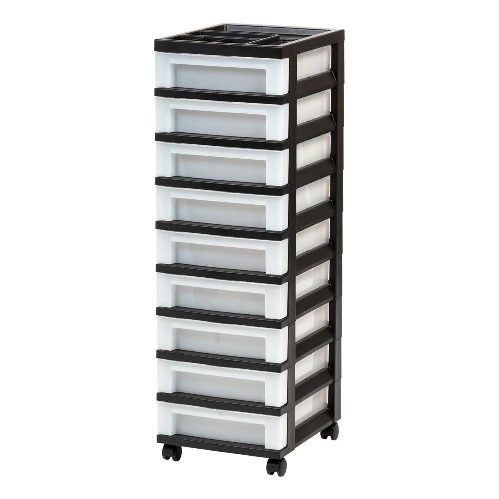 Black 9-Drawer Narrow Plastic Storage Cart with Organizer Top, Multi-Drawer Cabinet