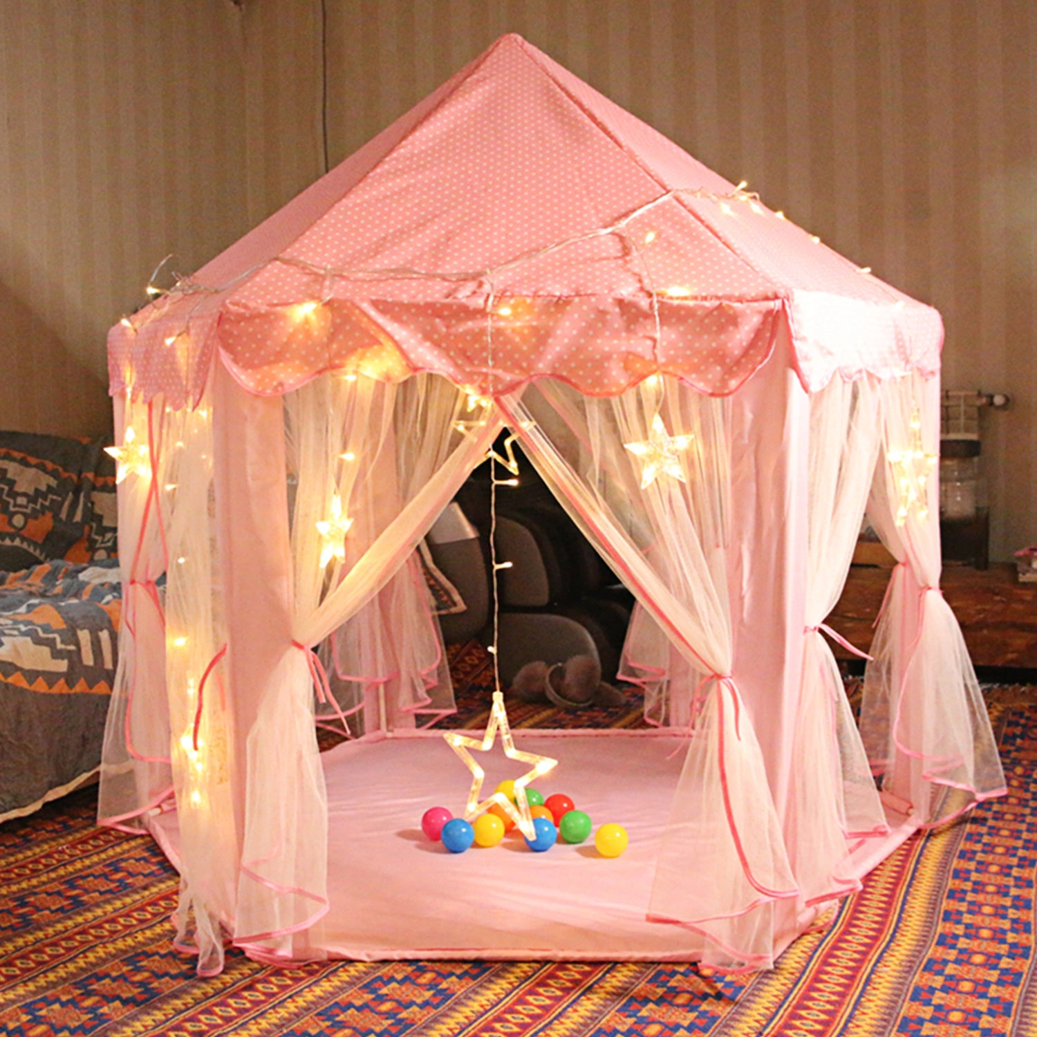Foldable Princess Play Castle Tent for Girls, Large Space Playhouse with Breathable Mesh Doors, Stable Structure Indoor Outdoor Play Tent, Ideal Gift for Toddler Girls Play & Relax-pink