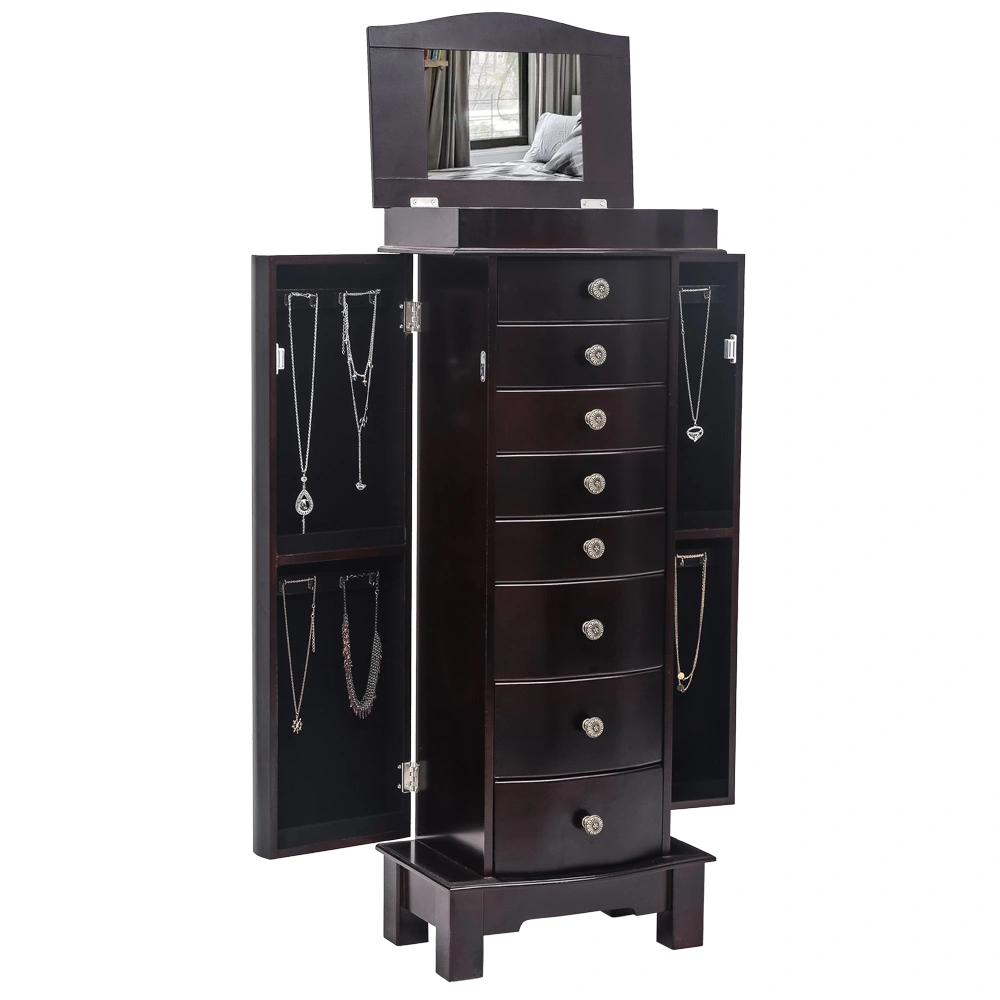 Jewelry Armoire Cabinet - 8 Drawers, 16 Necklace Hooks, 2 Side Swing Doors, Mirror, Brown