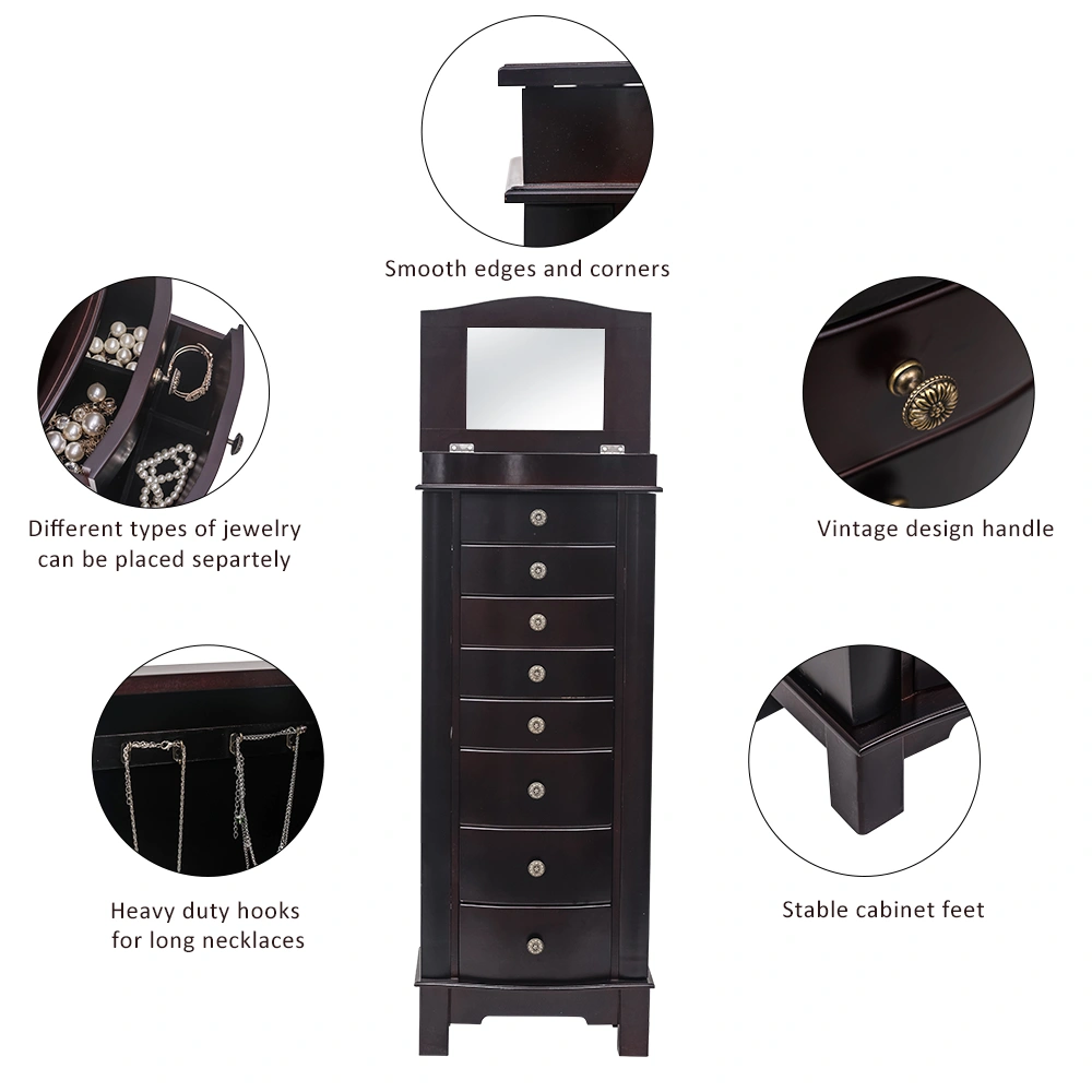 Jewelry Armoire Cabinet - 8 Drawers, 16 Necklace Hooks, 2 Side Swing Doors, Mirror, Brown view 10