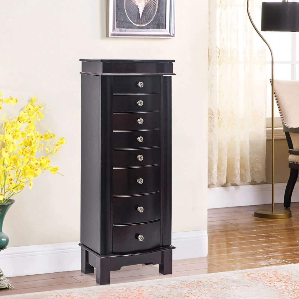 Jewelry Armoire Cabinet - 8 Drawers, 16 Necklace Hooks, 2 Side Swing Doors, Mirror, Brown view 12