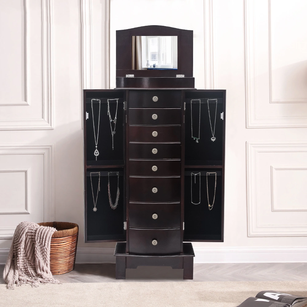 Jewelry Armoire Cabinet - 8 Drawers, 16 Necklace Hooks, 2 Side Swing Doors, Mirror, Brown view 13