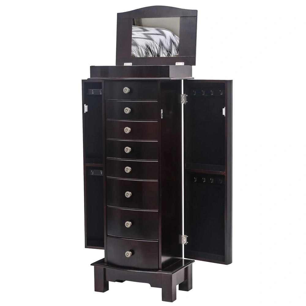 Jewelry Armoire Cabinet - 8 Drawers, 16 Necklace Hooks, 2 Side Swing Doors, Mirror, Brown view 5