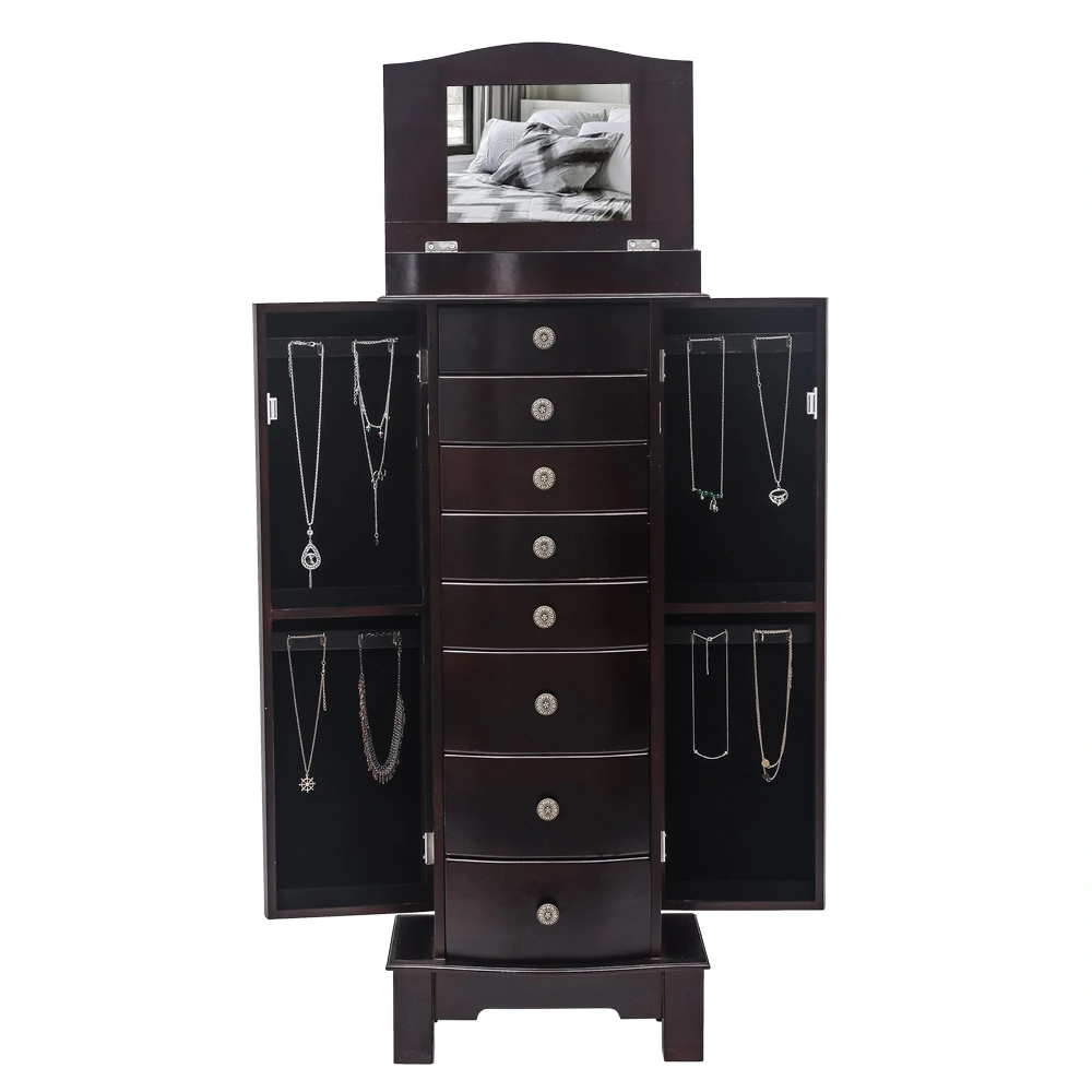 Jewelry Armoire Cabinet - 8 Drawers, 16 Necklace Hooks, 2 Side Swing Doors, Mirror, Brown view 6