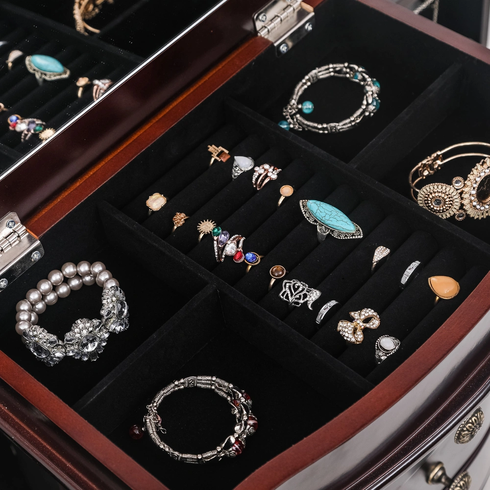 Jewelry Armoire Cabinet - 8 Drawers, 16 Necklace Hooks, 2 Side Swing Doors, Mirror, Brown view 7