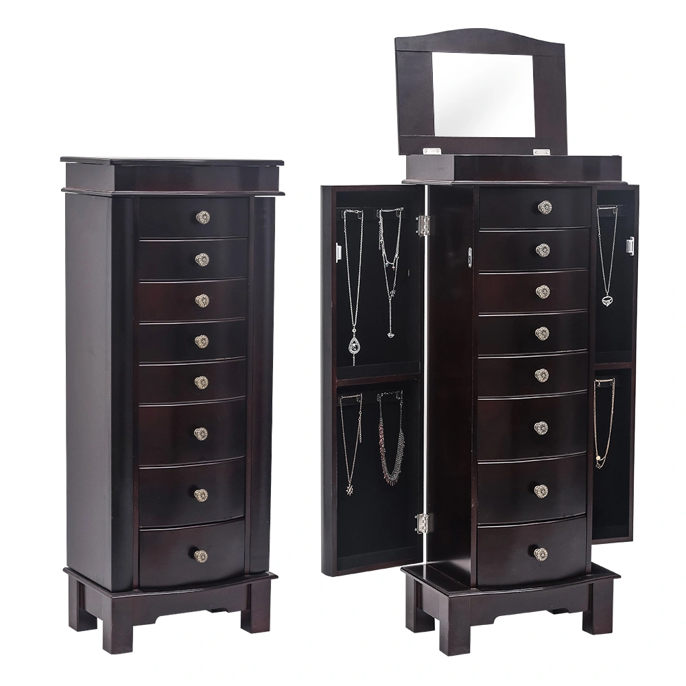 Jewelry Armoire Cabinet - 8 Drawers, 16 Necklace Hooks, 2 Side Swing Doors, Mirror, Brown view 8