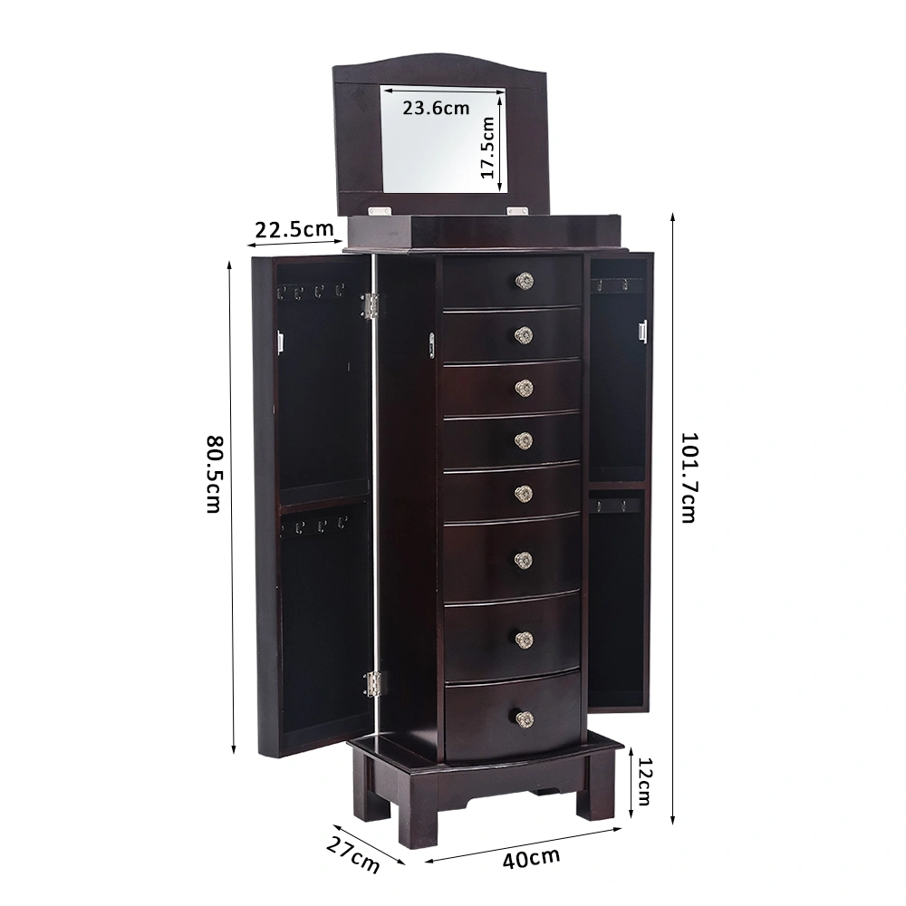 Jewelry Armoire Cabinet - 8 Drawers, 16 Necklace Hooks, 2 Side Swing Doors, Mirror, Brown view 9