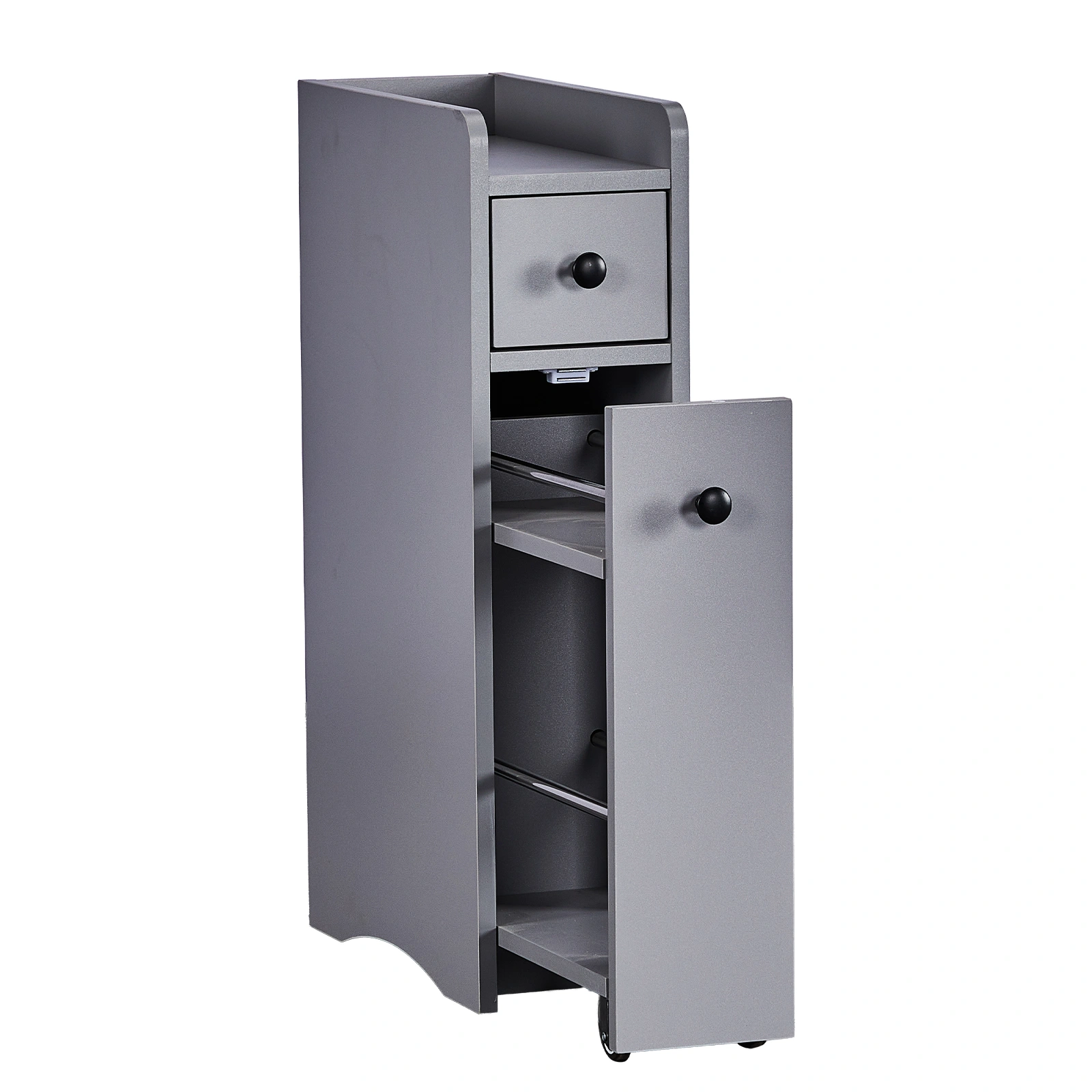 Gray particleboard with melamine veneer, 18*40*70cm, two-drawer, one-panel low cabinet with wheels and movable pull-out shelf, bathroom vanity