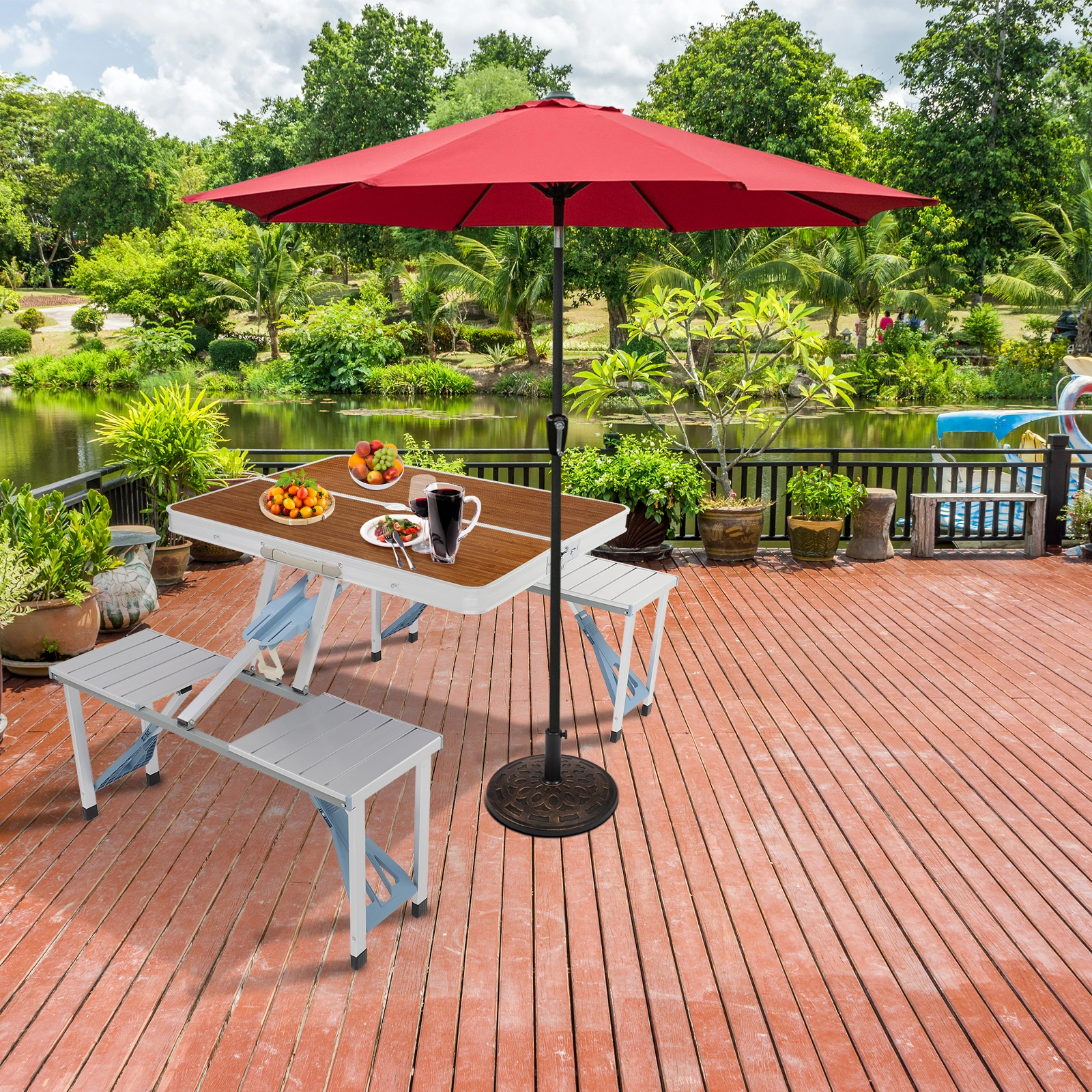 Aluminum Alloy Camping Table and Chairs Set, 136x85.5x67cm, Wood Grain Finish, 50kg Capacity, Portable One-Piece Outdoor Furniture view 7
