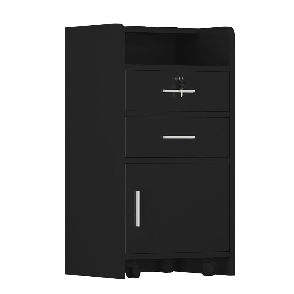 Black 3-Layer Rolling Salon Cabinet Trolley, Wood Spa Storage Cart with Drawers & Lock