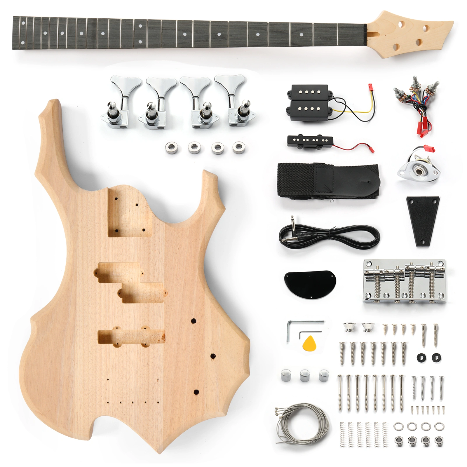 DIY 4 String Flame Shaped Style Electric Bass Guitar Kits with Mahogany Body, Maple Neck and Accessories view 13