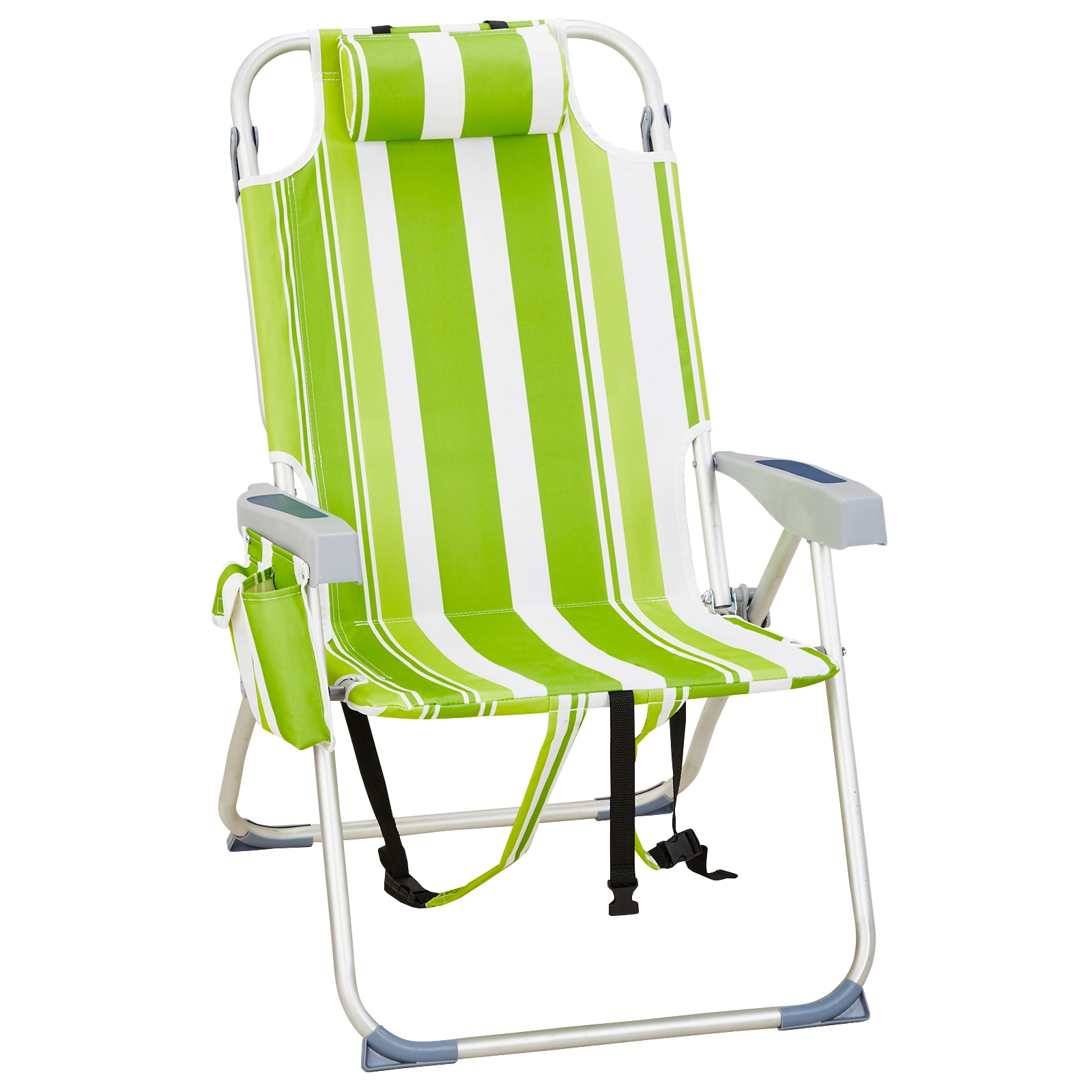 63x70x99cm Heightened Beach Chair, Oxford Cloth Silver White Aluminum Frame, 100kg Load, Green Stripes