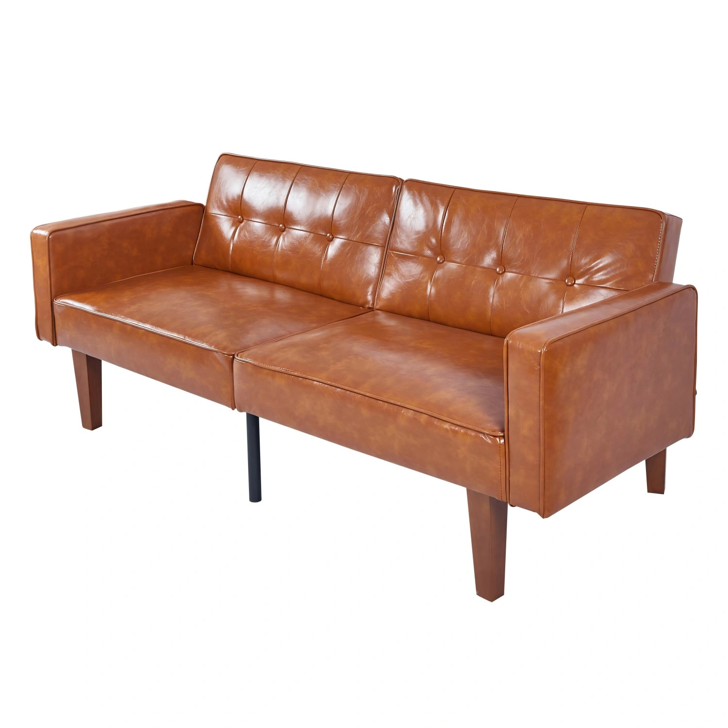 Modern PU Leather Futon Sofa with Tufted Backrest, Adjustable Reclining Couch, Mid-Century Style with Wood & Metal Legs