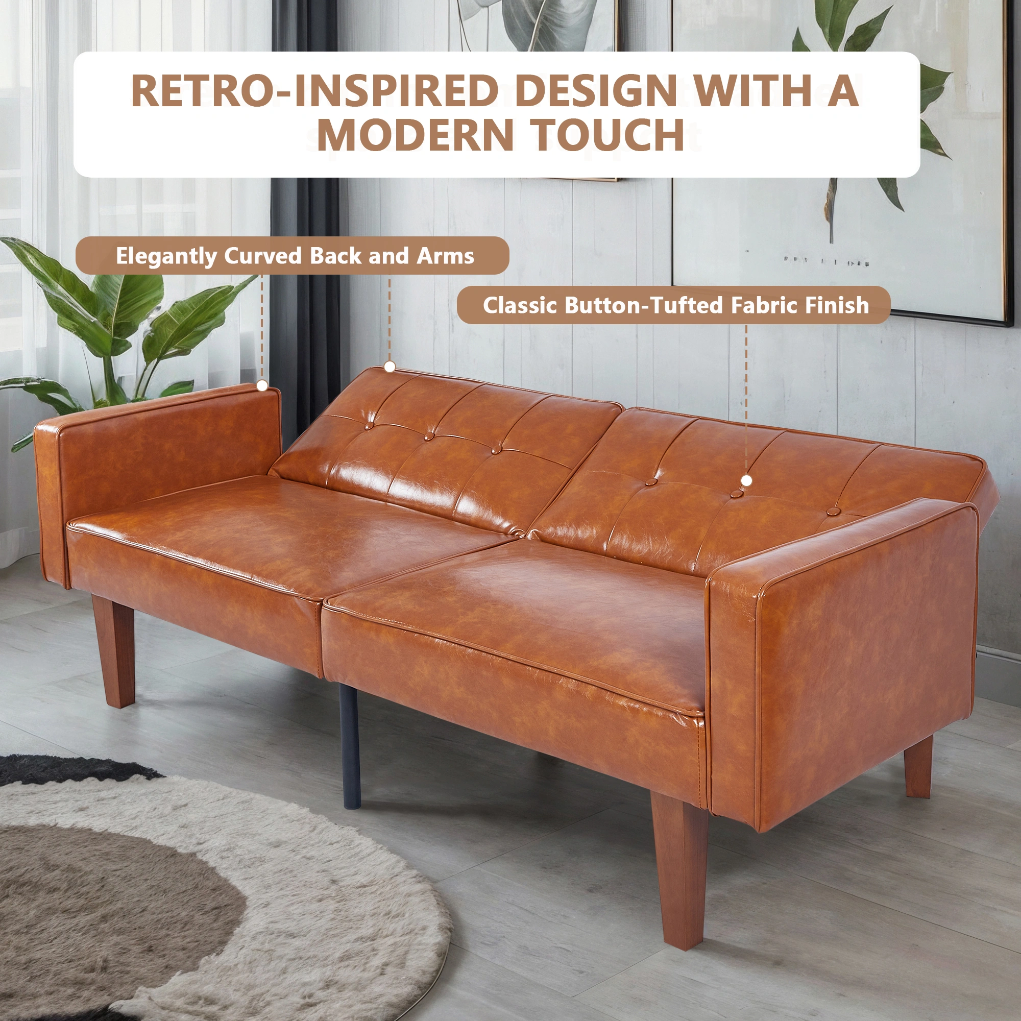 Modern PU Leather Futon Sofa with Tufted Backrest, Adjustable Reclining Couch, Mid-Century Style with Wood & Metal Legs view 10