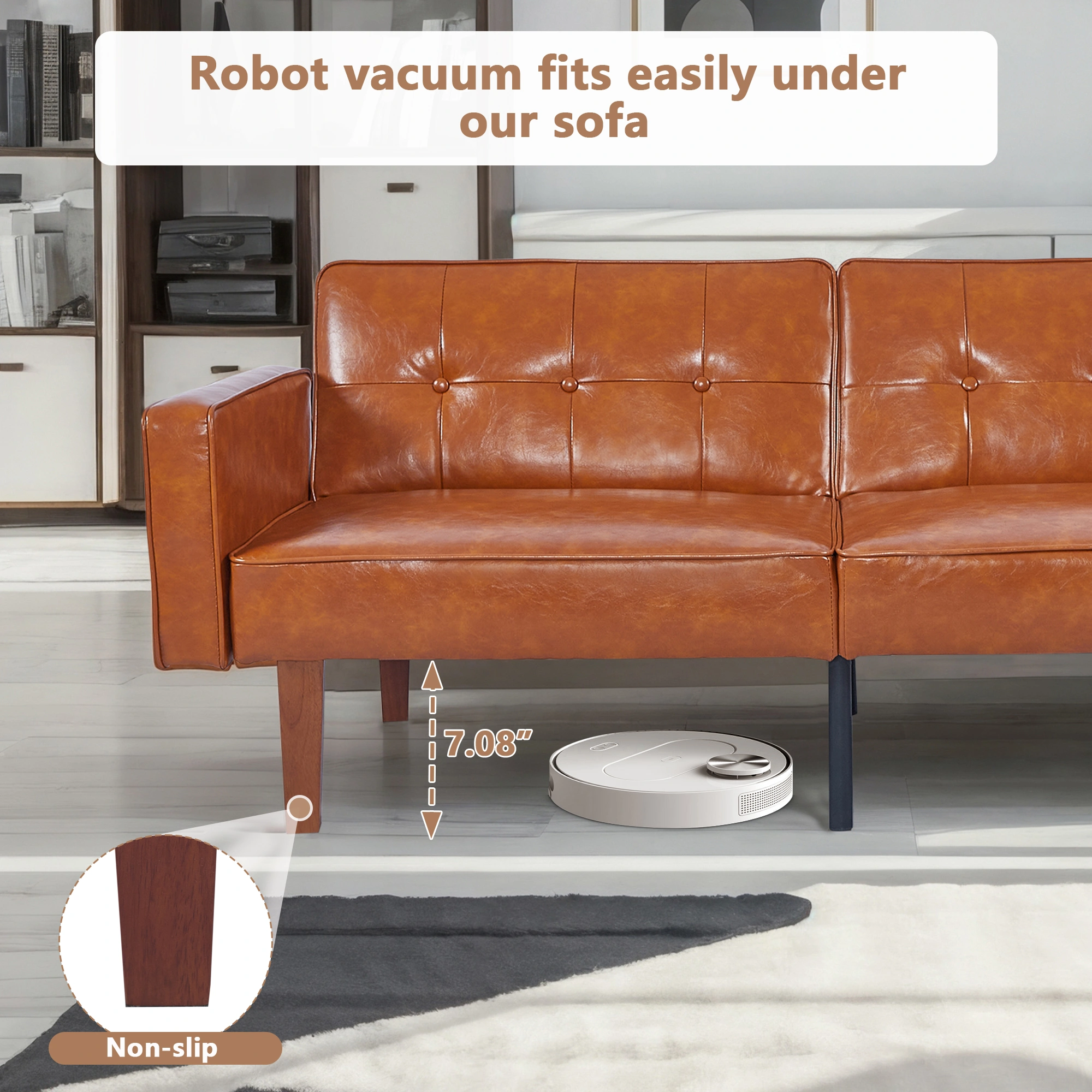 Modern PU Leather Futon Sofa with Tufted Backrest, Adjustable Reclining Couch, Mid-Century Style with Wood & Metal Legs view 11