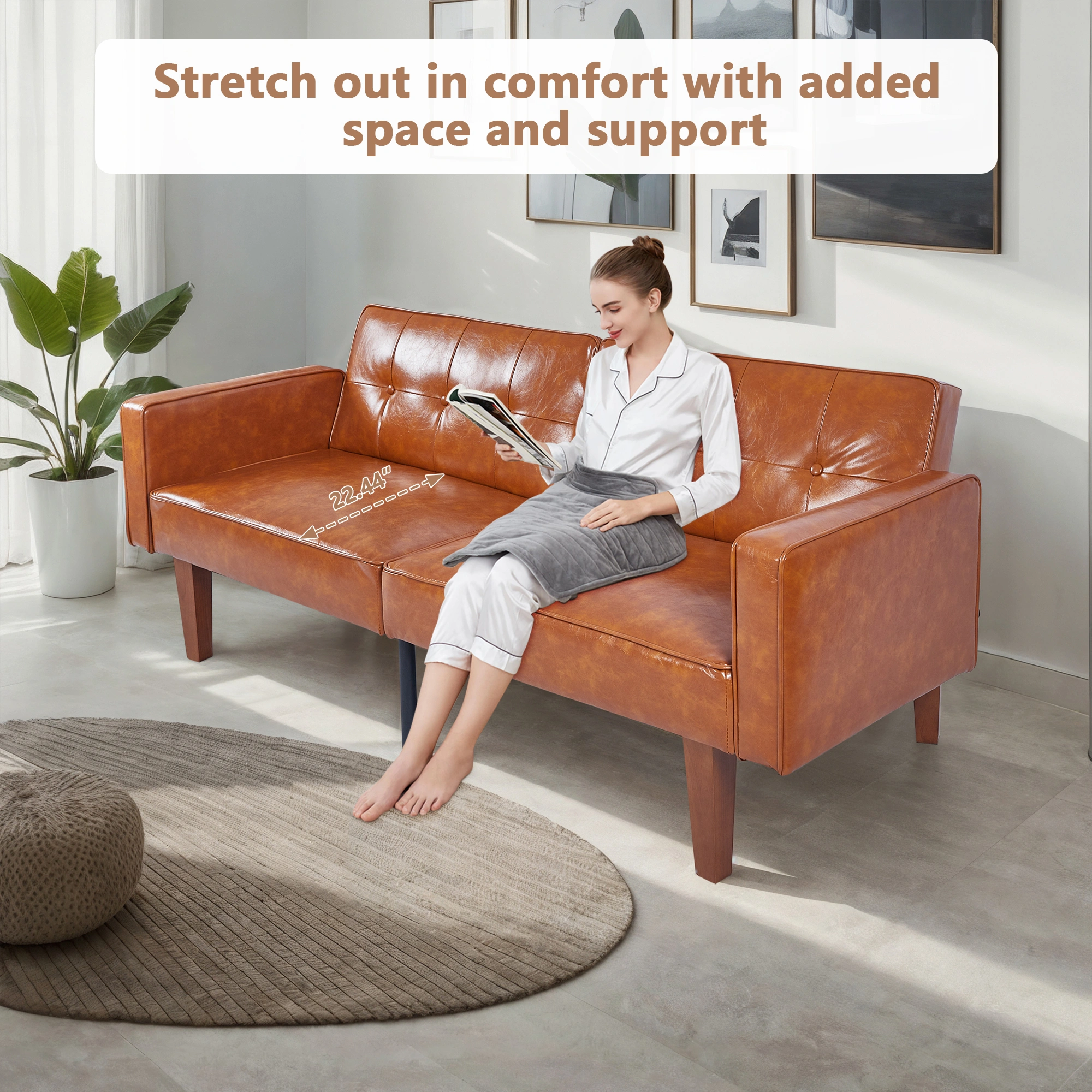Modern PU Leather Futon Sofa with Tufted Backrest, Adjustable Reclining Couch, Mid-Century Style with Wood & Metal Legs view 6