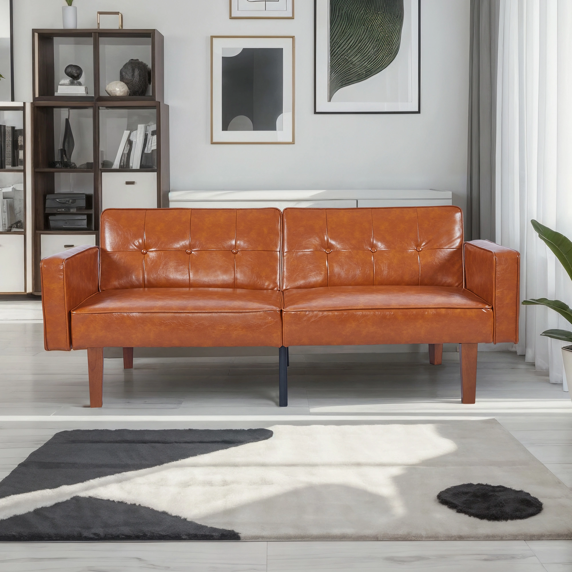 Modern PU Leather Futon Sofa with Tufted Backrest, Adjustable Reclining Couch, Mid-Century Style with Wood & Metal Legs view 7